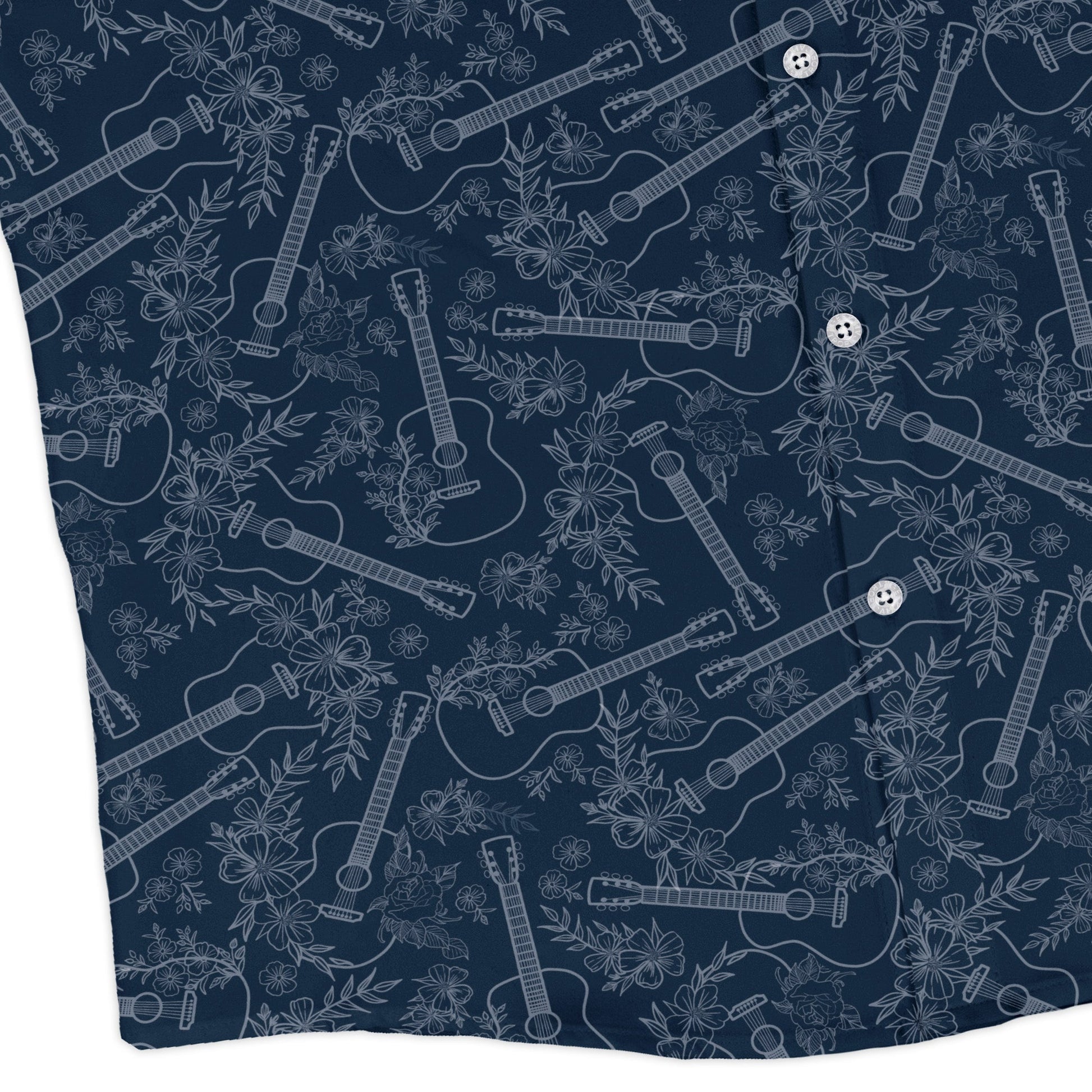 Guitar Blossoms Blue Long Sleeve Button Up Shirt Geek Nerd adult sizing Design by Dunking Toast FLOW DESC WRITING