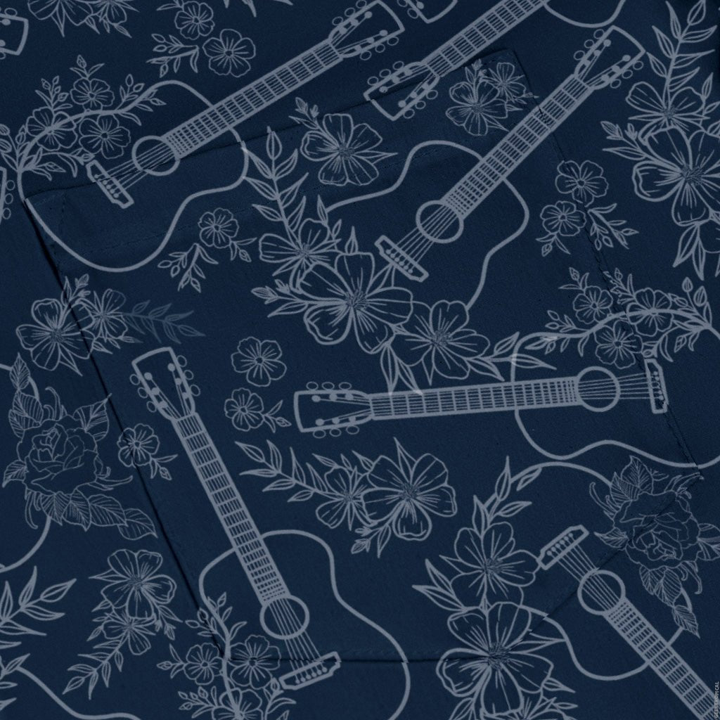 Guitar Blossoms Blue Long Sleeve Button Up Shirt Geek Nerd adult sizing Design by Dunking Toast FLOW DESC WRITING