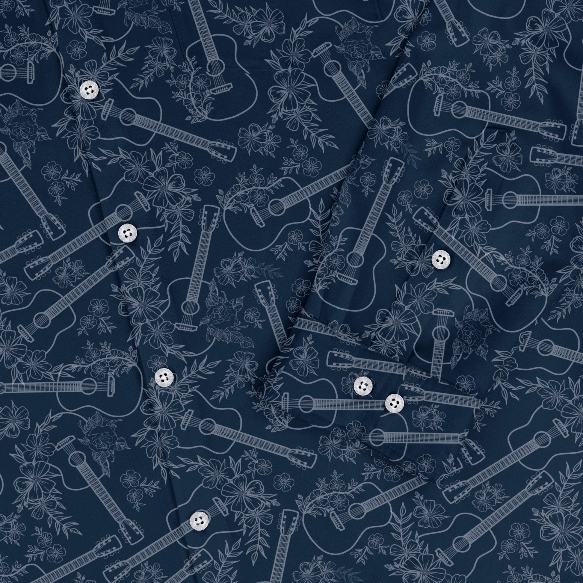 Guitar Blossoms Blue Long Sleeve Button Up Shirt Geek Nerd adult sizing Design by Dunking Toast FLOW DESC WRITING