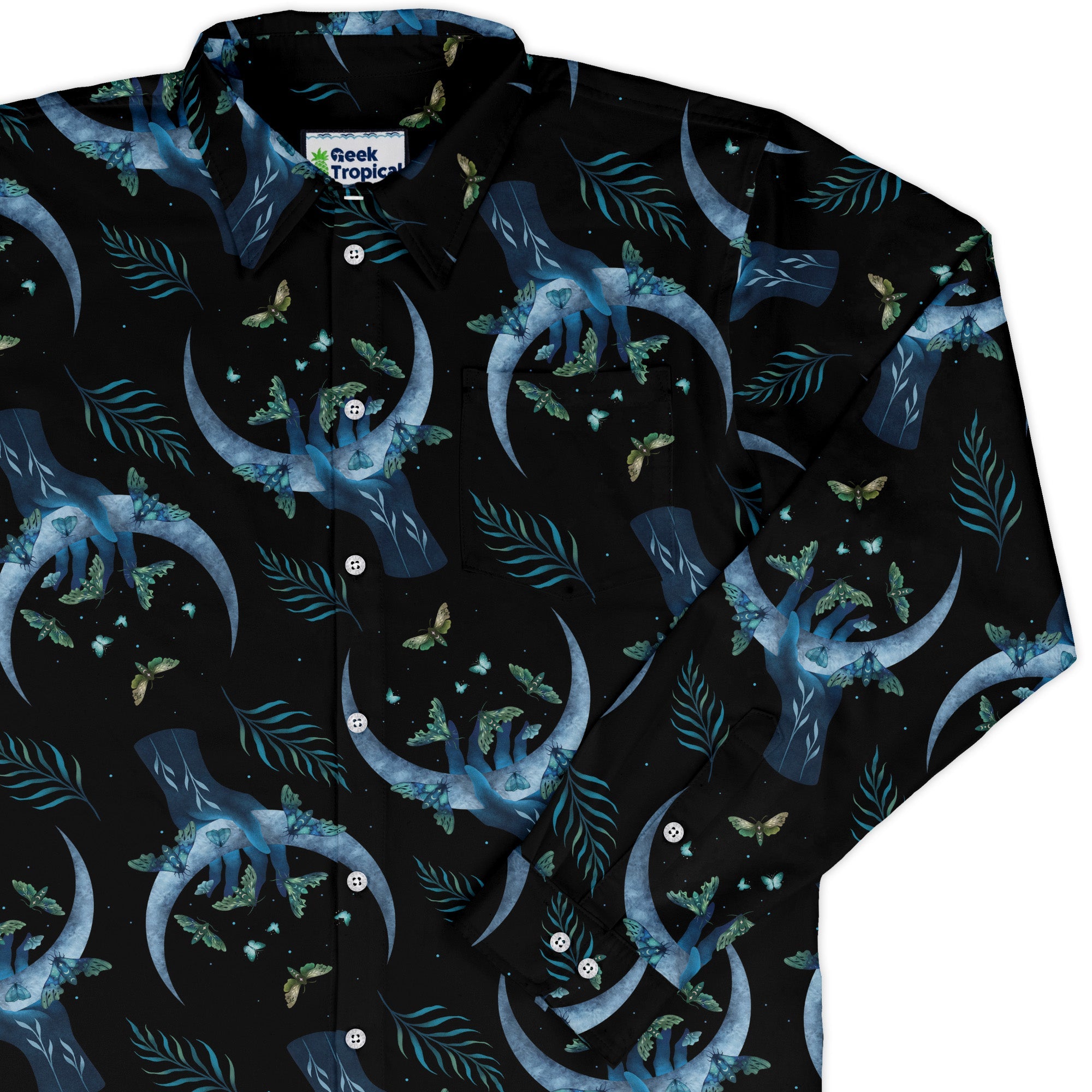 Hand on the Moon Moth Long Sleeve Button Up Shirt Geek Nerd adult sizing Design by Episodic FLOW DESC WRITING