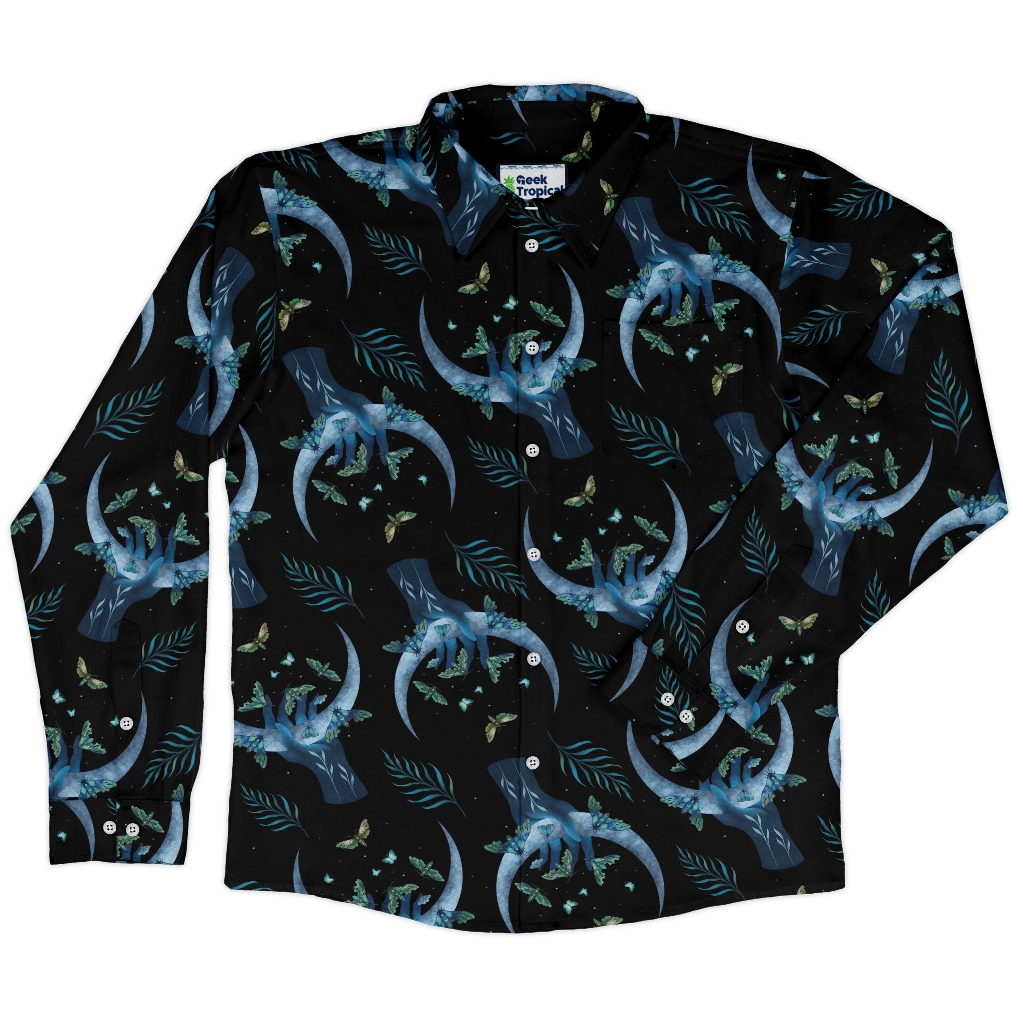 Hand on the Moon Moth Long Sleeve Button Up Shirt Geek Nerd adult sizing Design by Episodic FLOW DESC WRITING