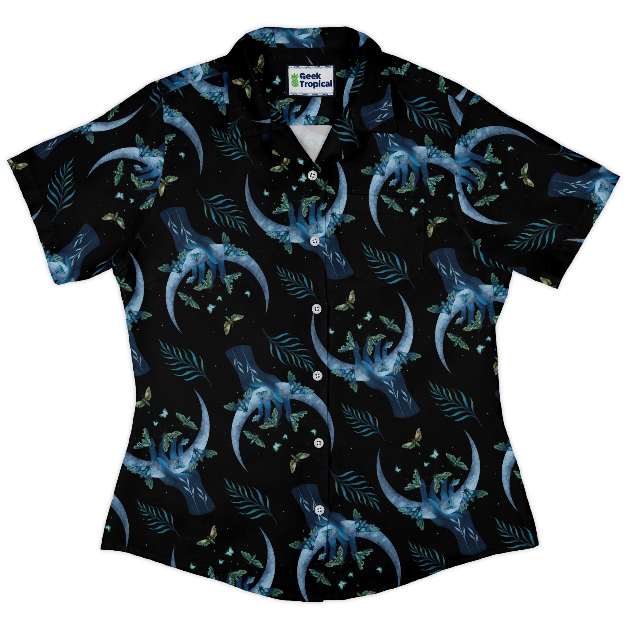 Hand on the Moon Moth Curvy Button Up Shirt Geek Nerd Design by Episodic outer space & astronaut print q4