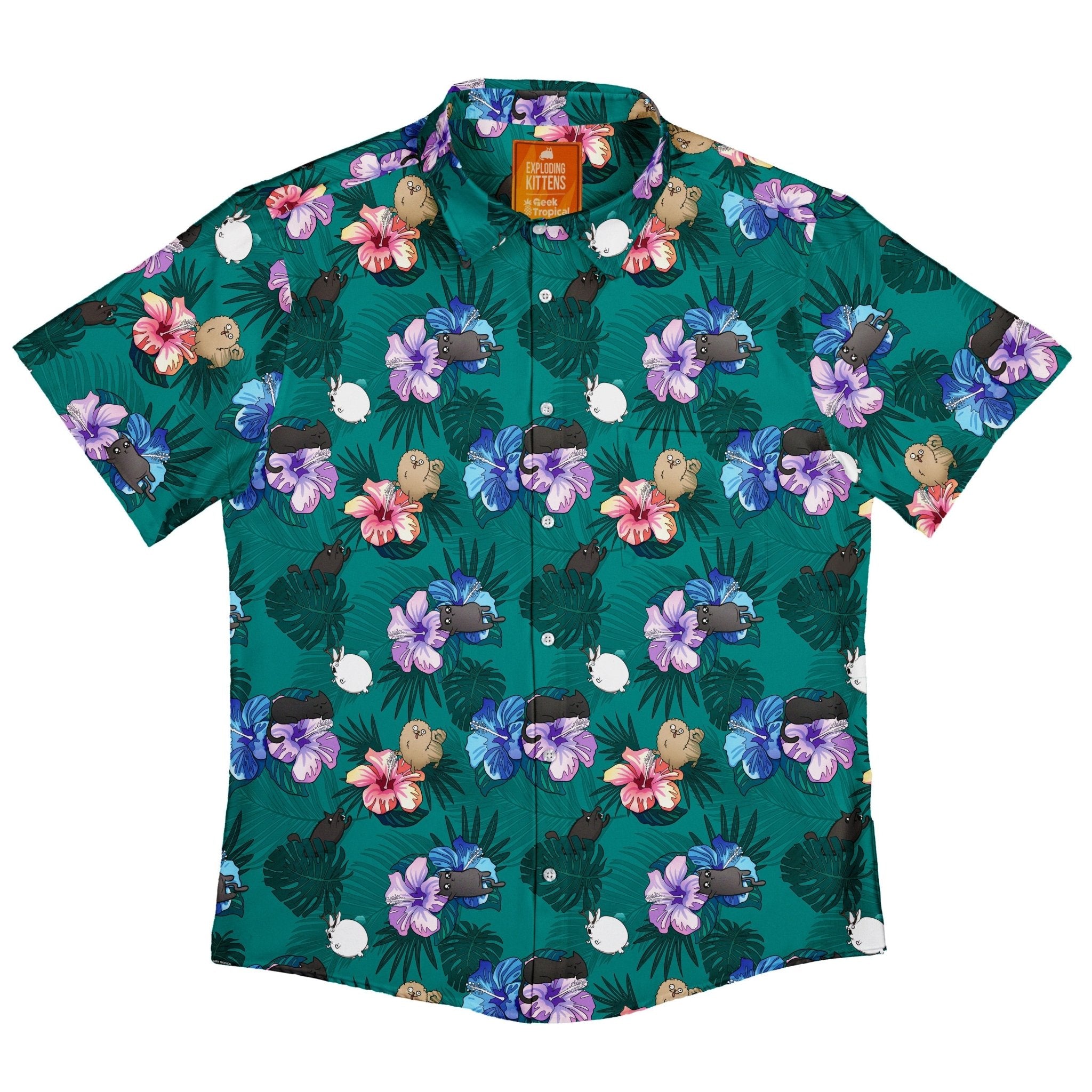 Hawaiian Exploding Kittens Button Up Shirt - adult sizing - Animal Patterns - board game print