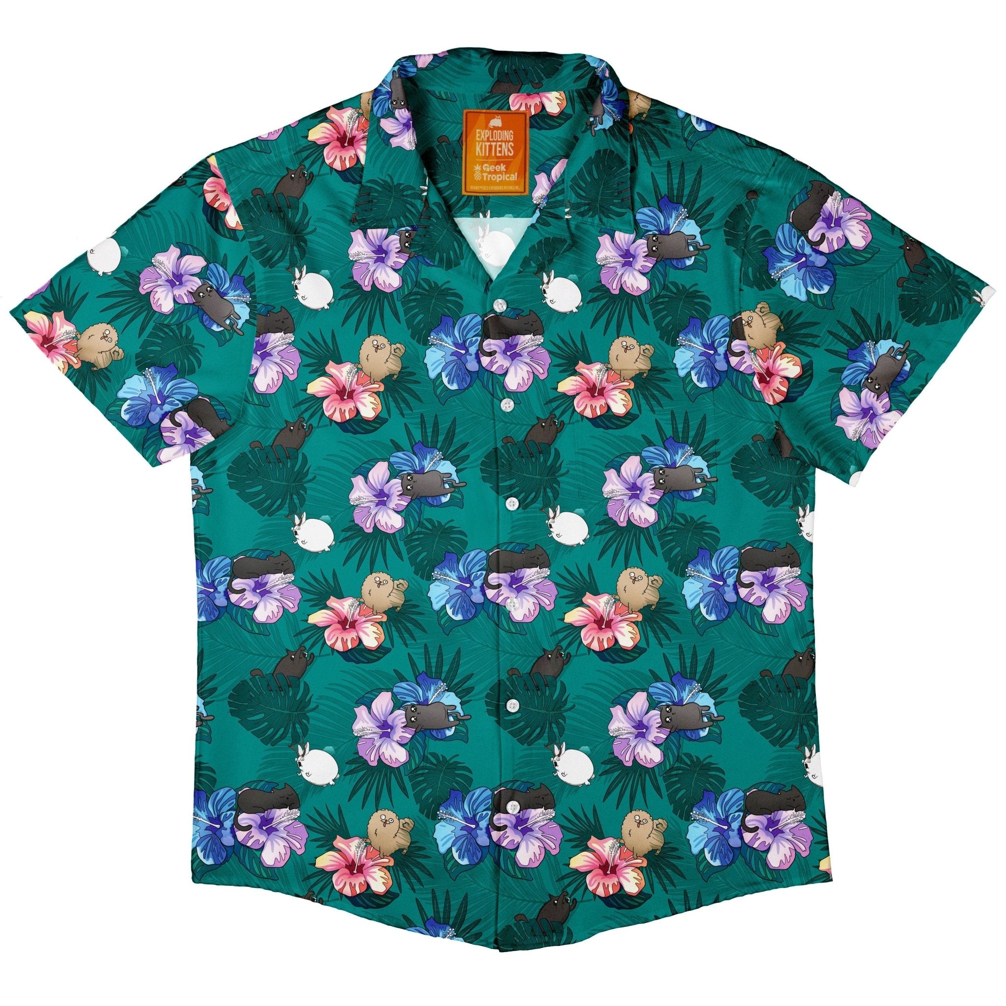 Hawaiian Exploding Kittens Button Up Shirt - adult sizing - Animal Patterns - board game print
