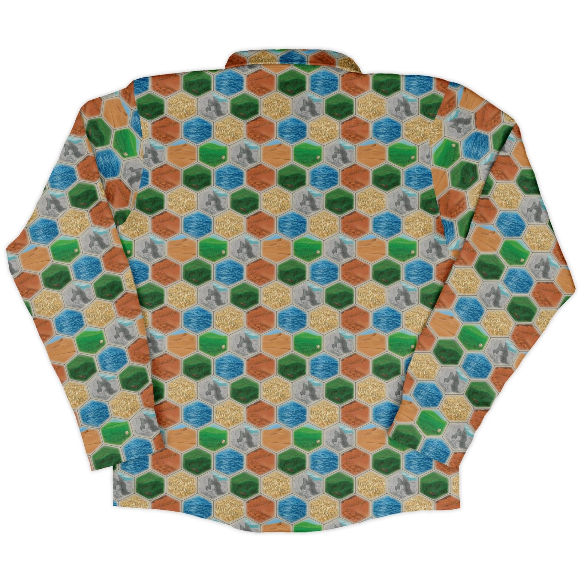Hexagon Tile Board Game Long Sleeve Button Up Shirt Geek Nerd adult sizing board game print Designs by Nathan