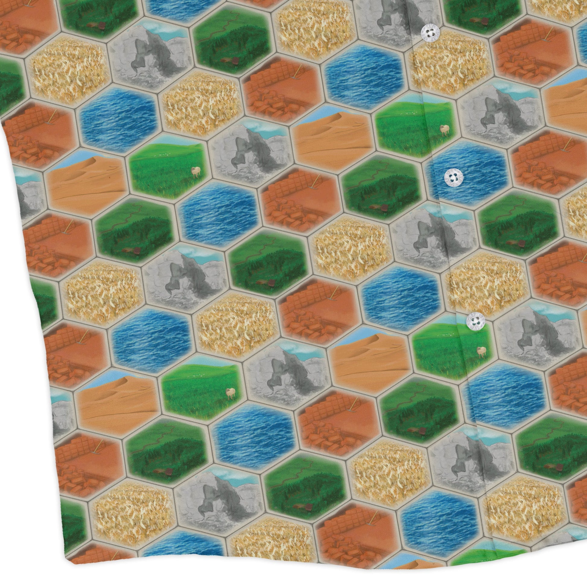 Hexagon Tile Board Game Long Sleeve Button Up Shirt Geek Nerd adult sizing board game print Designs by Nathan