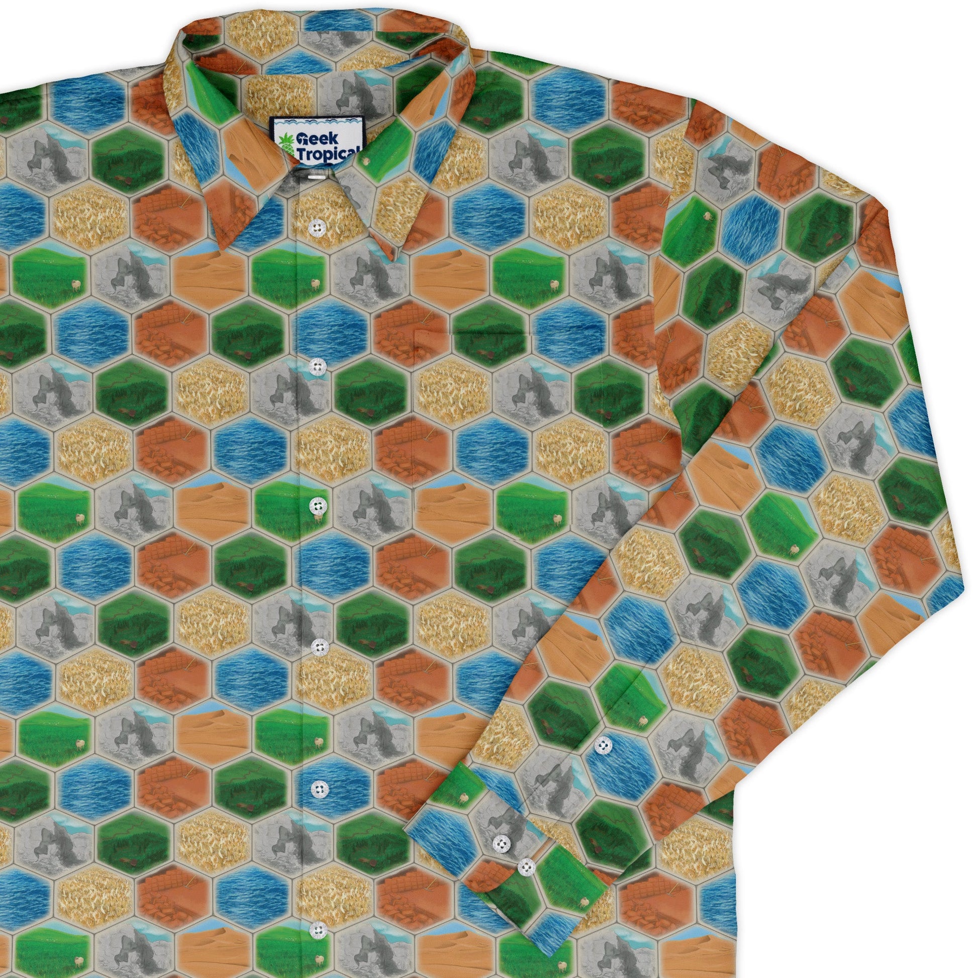 Hexagon Tile Board Game Long Sleeve Button Up Shirt Geek Nerd adult sizing board game print Designs by Nathan