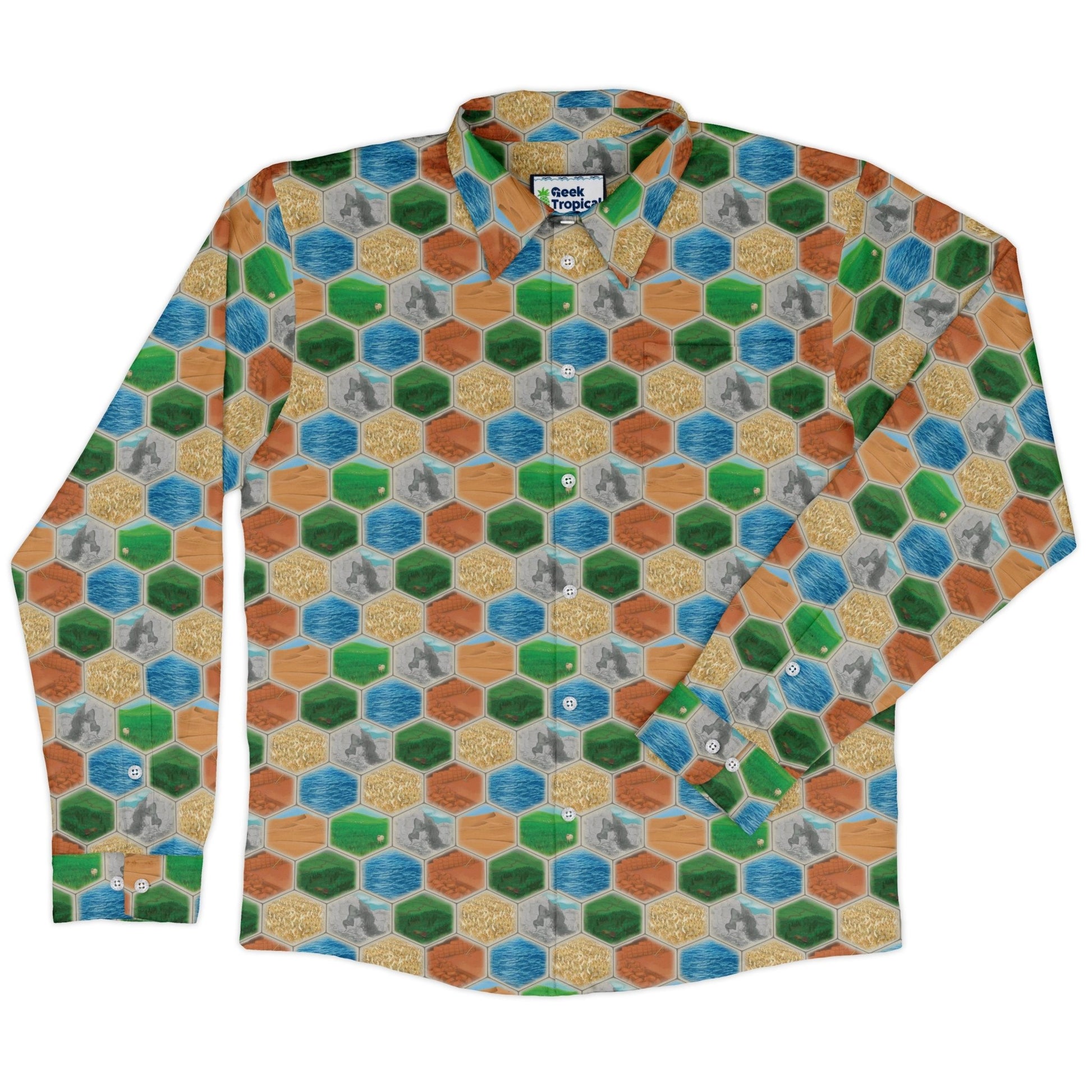 Hexagon Tile Board Game Long Sleeve Button Up Shirt Geek Nerd adult sizing board game print Designs by Nathan