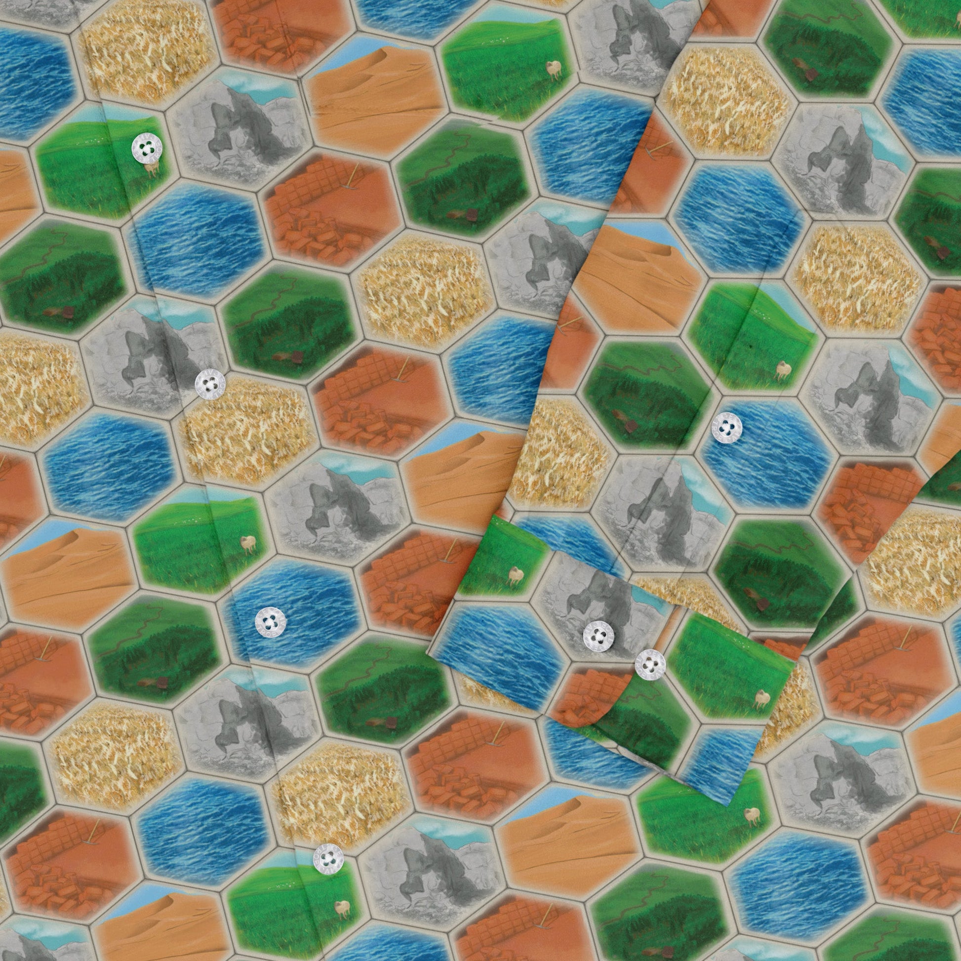 Hexagon Tile Board Game Long Sleeve Button Up Shirt Geek Nerd adult sizing board game print Designs by Nathan
