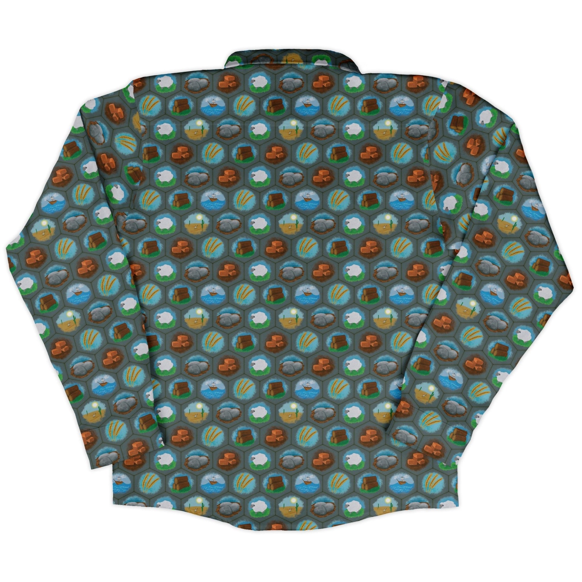 Hexagon Tile Game Symbols Long Sleeve Button Up Shirt Geek Nerd adult sizing board game print Designs by Nathan