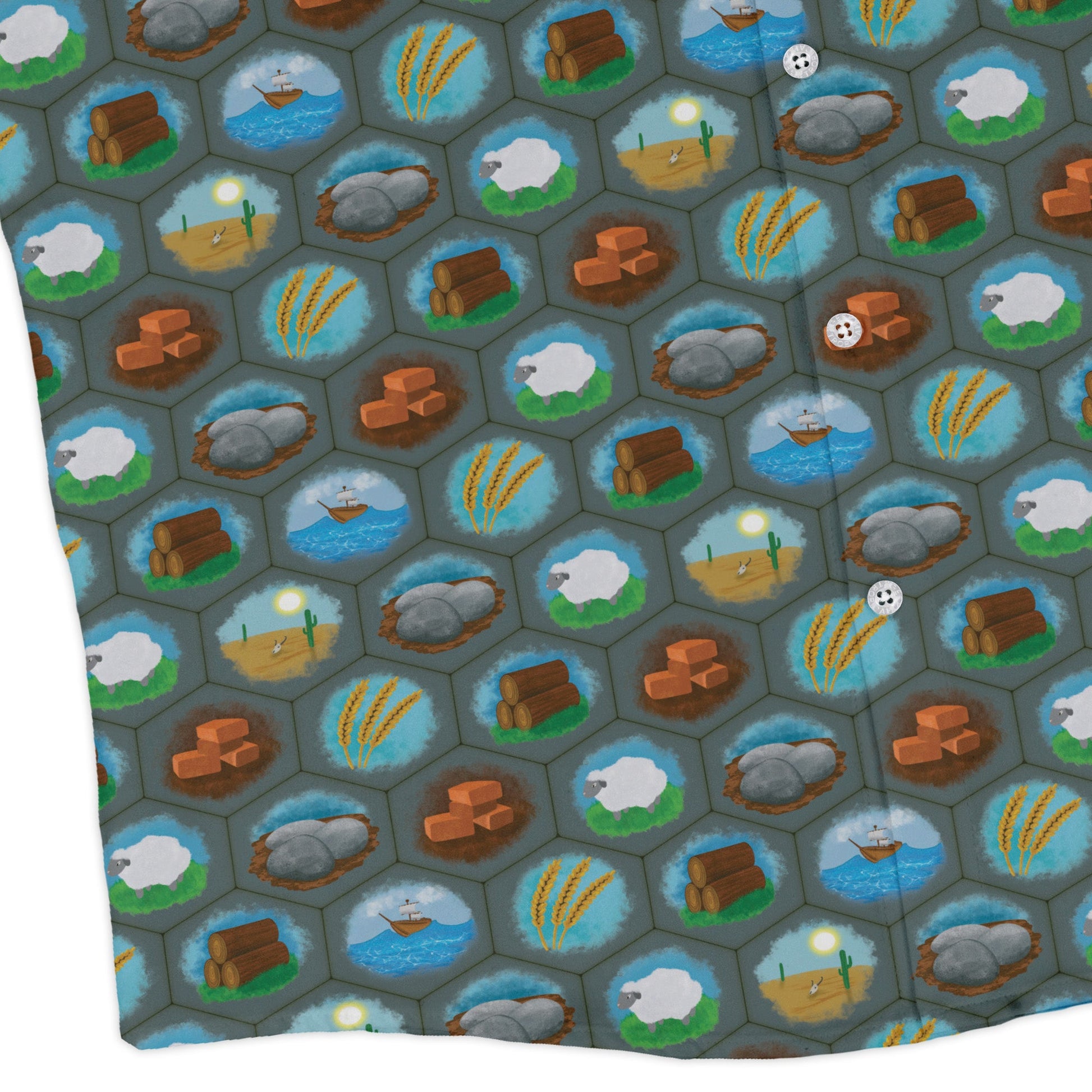 Hexagon Tile Game Symbols Long Sleeve Button Up Shirt Geek Nerd adult sizing board game print Designs by Nathan
