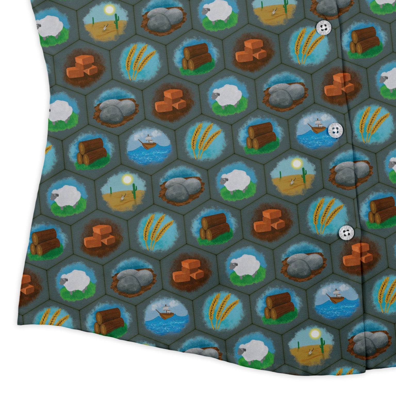 Hexagon Tile Game Symbols Curvy Button Up Shirt Geek Nerd board game print Designs by Nathan women