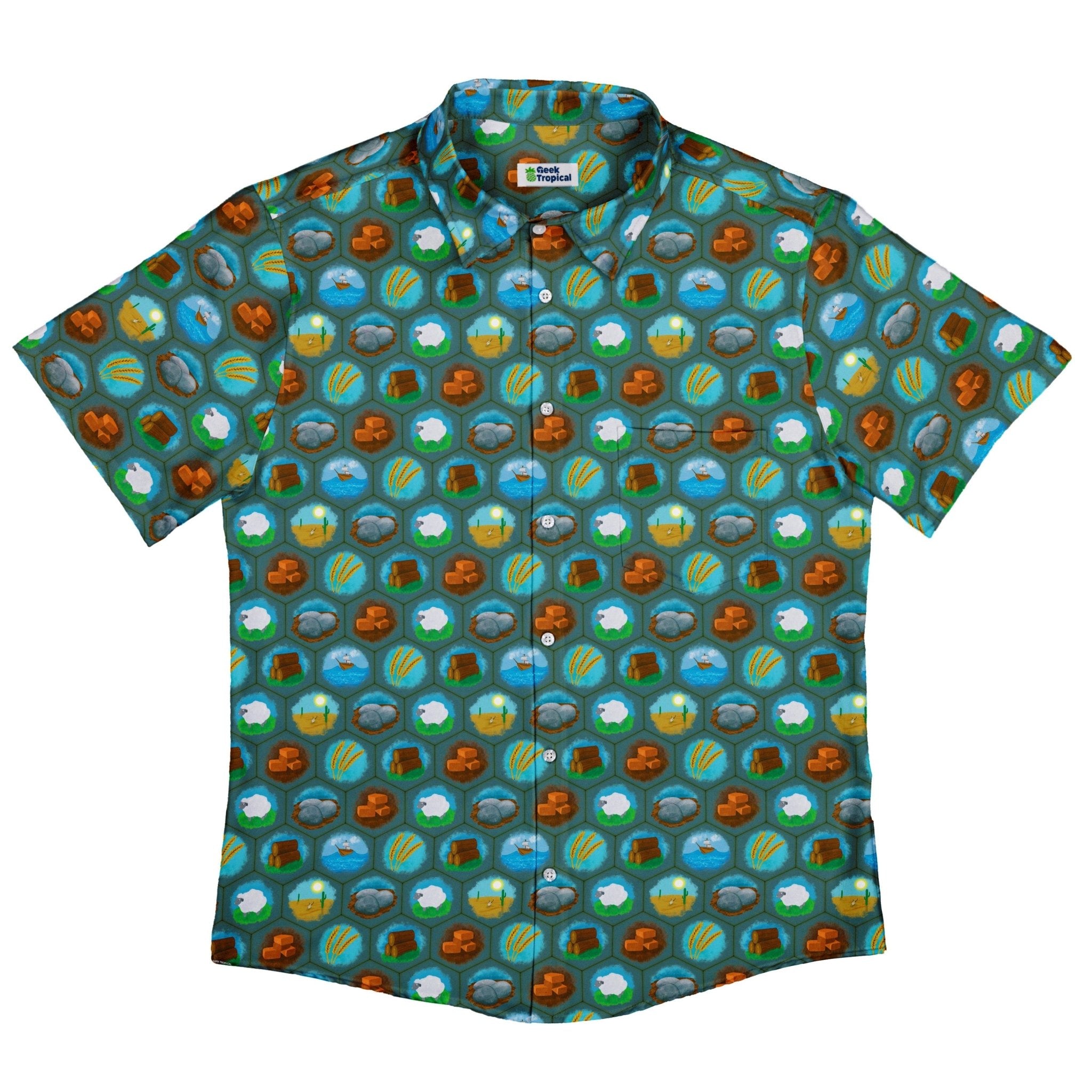 Hexagon Tile Game Symbols Button Up Shirt - adult sizing - board game print - Designs by Nathan