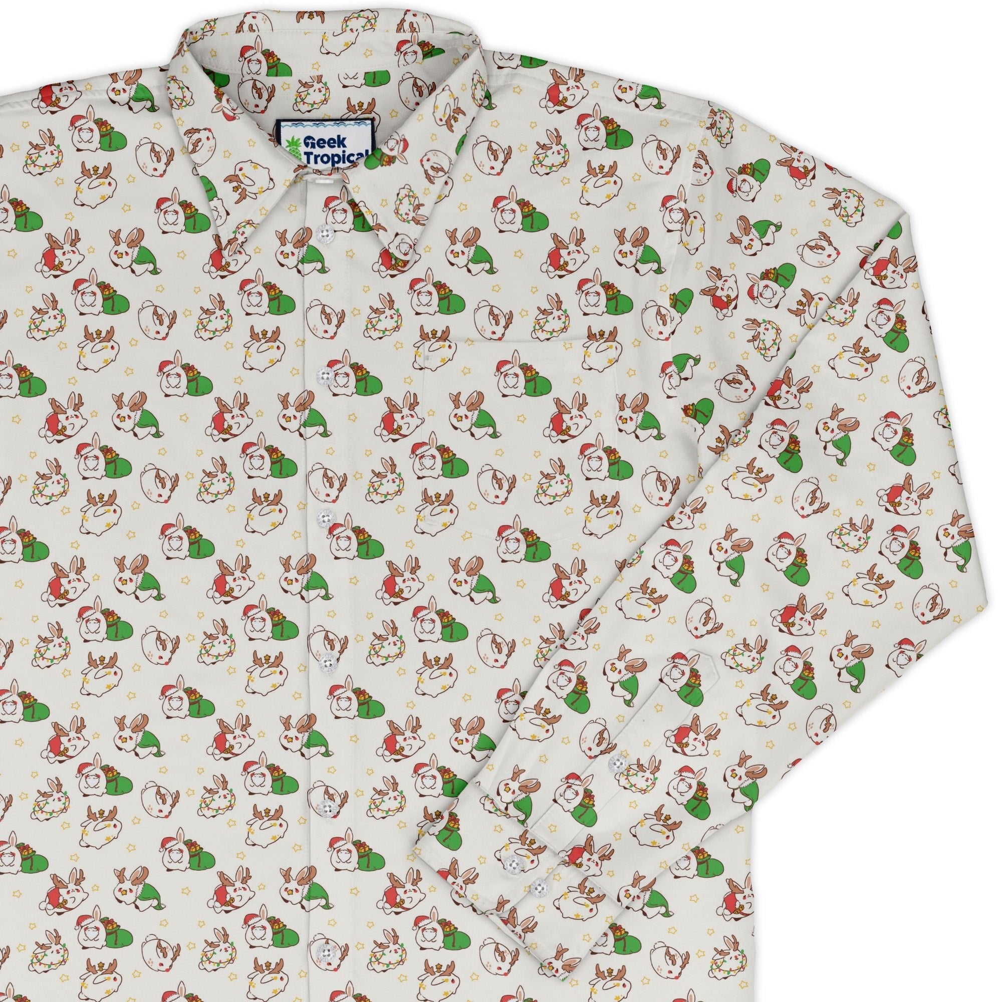 Holly Jolly Bunnies Long Sleeve Button Up Shirt Geek Nerd adult sizing Anime Christmas Print