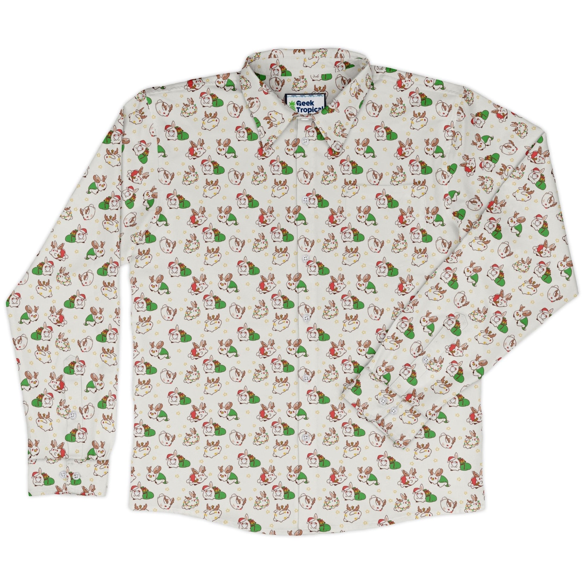 Holly Jolly Bunnies Long Sleeve Button Up Shirt Geek Nerd adult sizing Anime Christmas Print