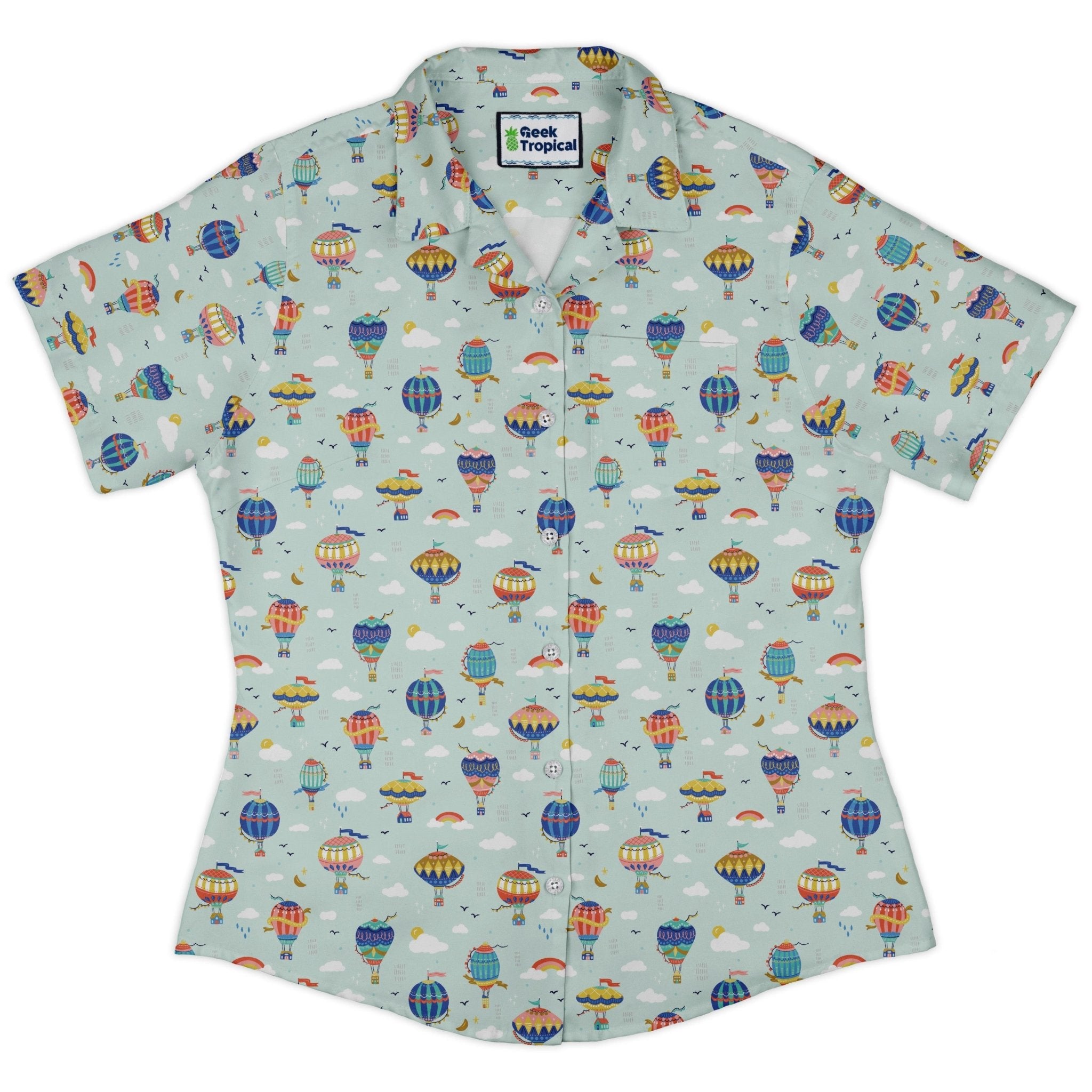 Hot Air Balloon Sky Curvy Button Up Shirt Geek Nerd Design by Zirkus Design outer space & astronaut print q225