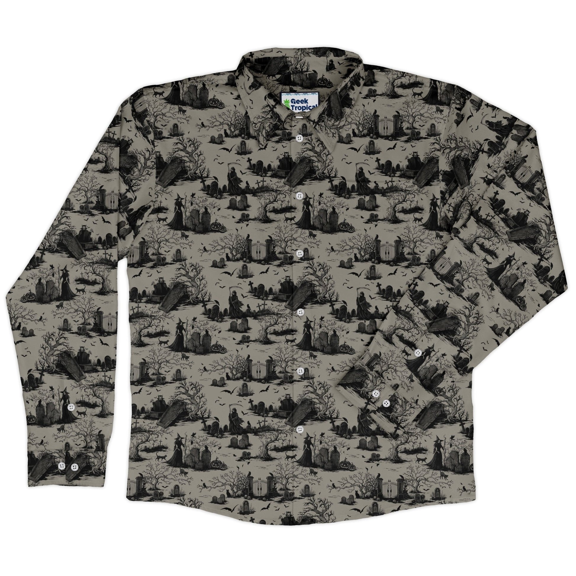Huanted Graveyard Dark Long Sleeve Button Up Shirt Geek Nerd 0925 adult sizing All Adult Button Up Shirts