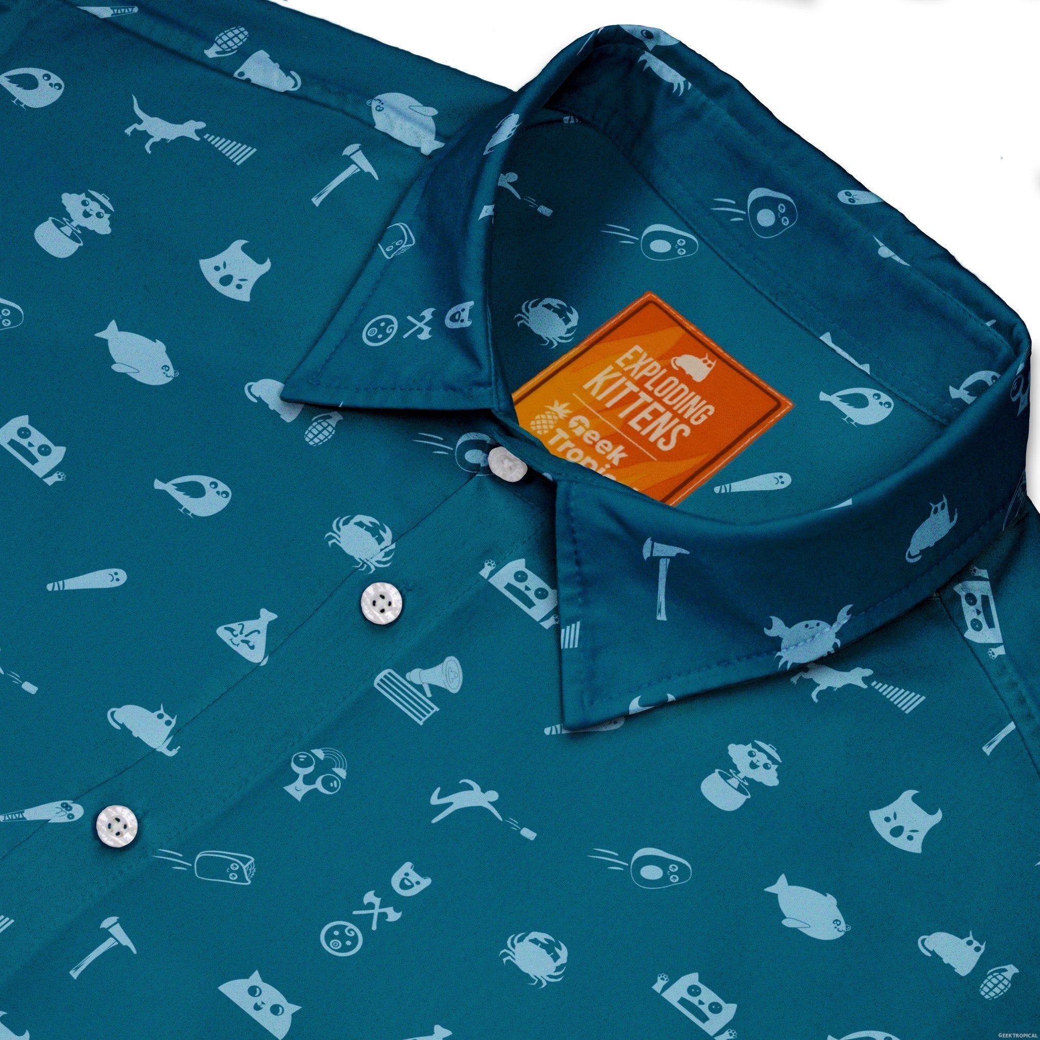 Iconic Exploding Kittens Button Up Shirt - adult sizing - Animal Patterns - board game print