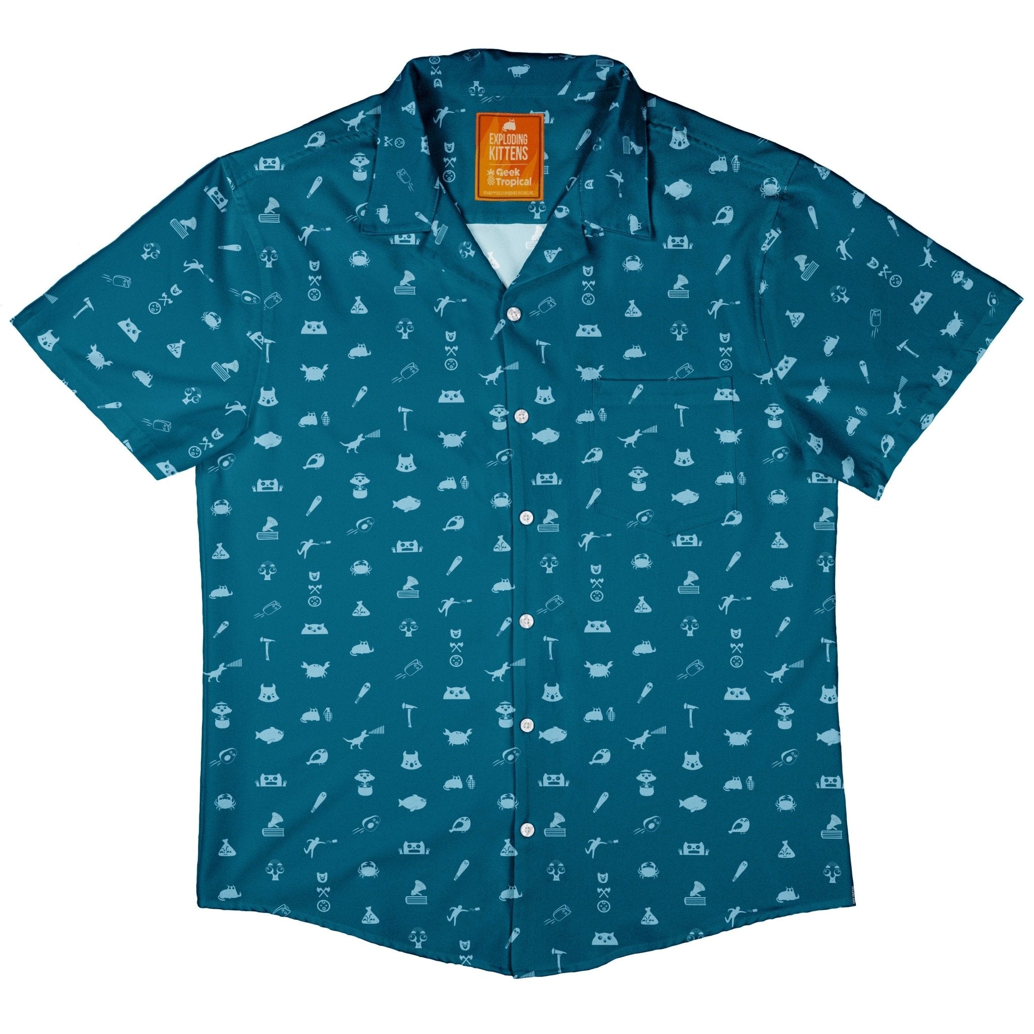 Iconic Exploding Kittens Button Up Shirt - adult sizing - Animal Patterns - board game print