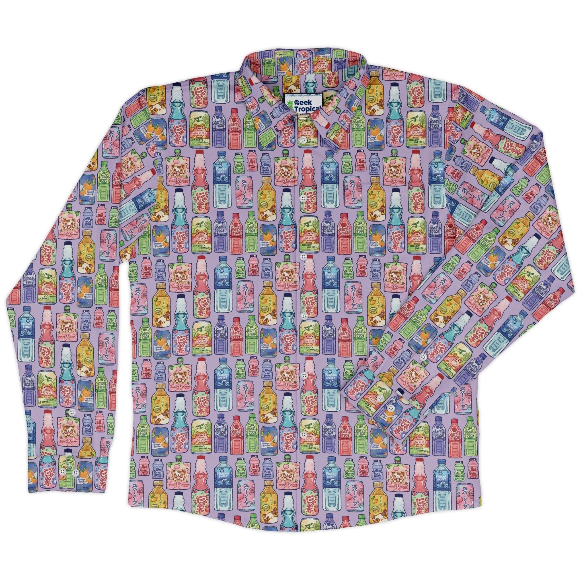 Japanese Vending Machine Drinks Long Sleeve Button Up Shirt Geek Nerd adult sizing anime Design by Ardi Tong