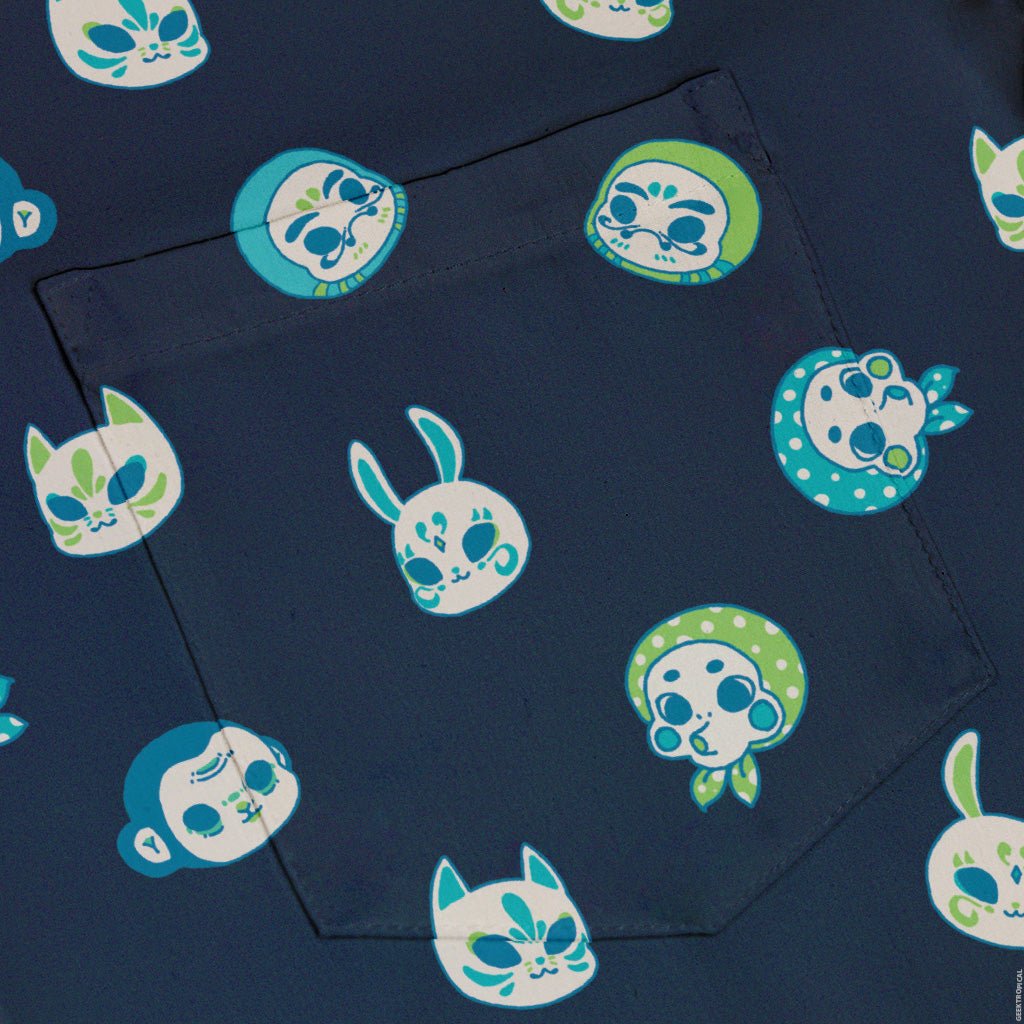 Kawaii Masks Parade Blue Night Button Up Shirt - adult sizing - Anime - Design by Ardi Tong