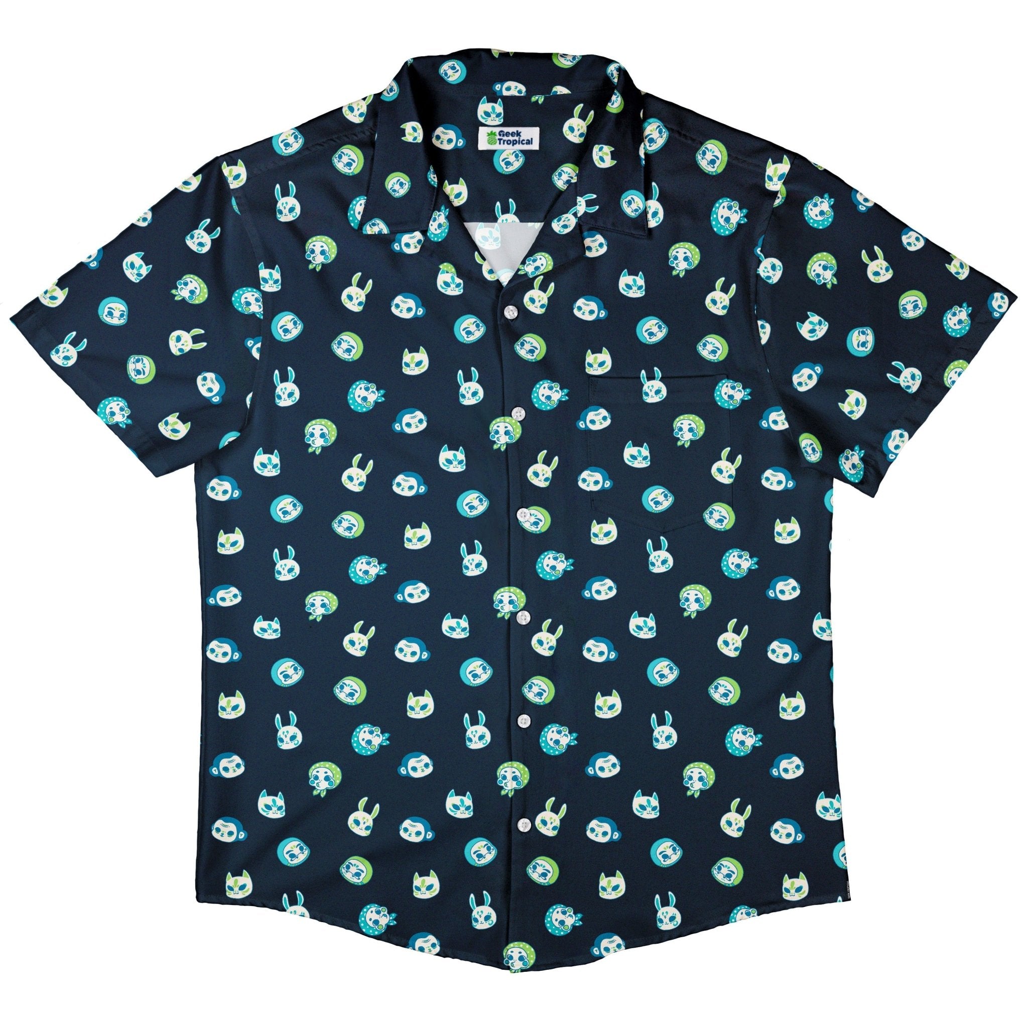 Kawaii Masks Parade Blue Night Button Up Shirt - adult sizing - Anime - Design by Ardi Tong