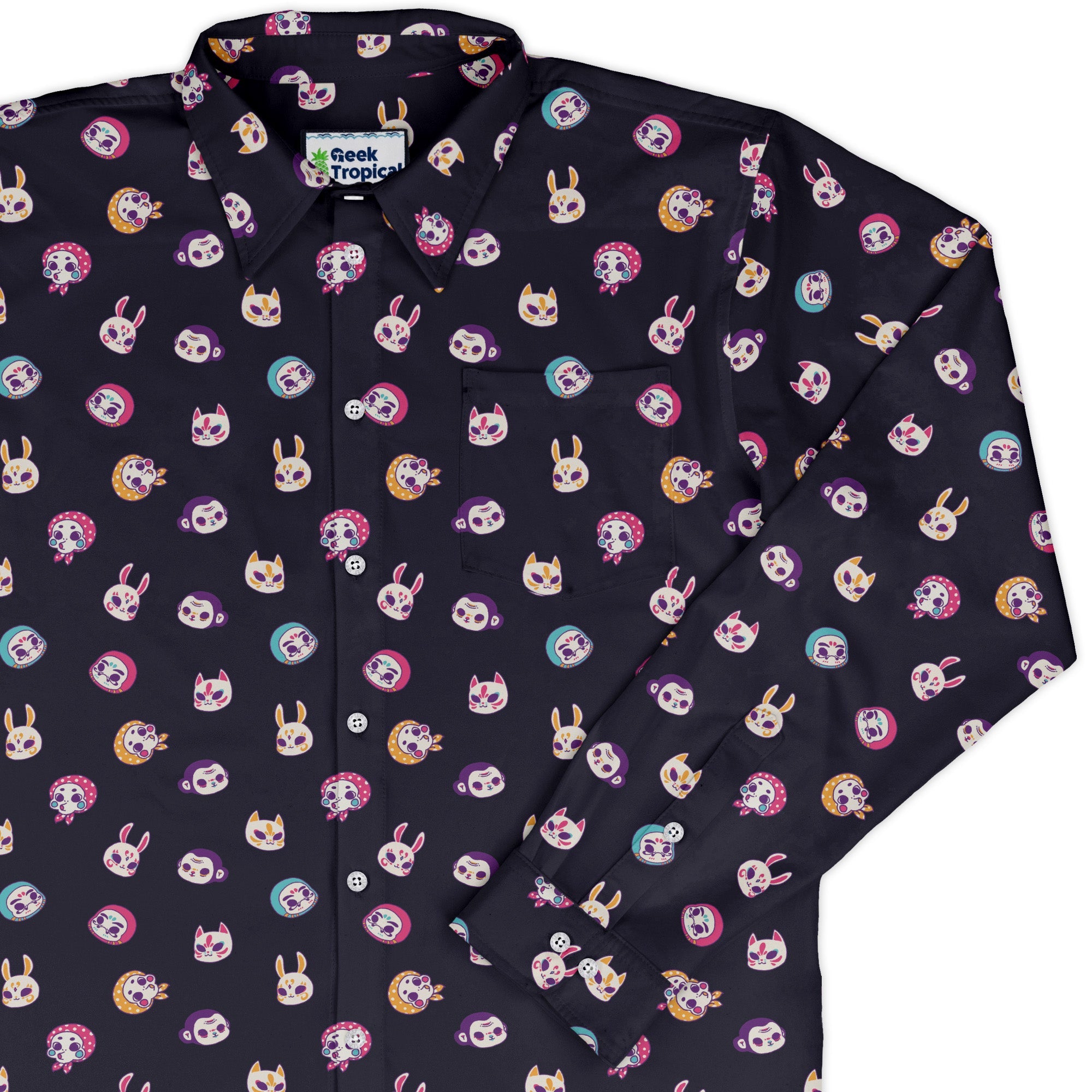 Kawaii Masks Parade Night Long Sleeve Button Up Shirt Geek Nerd adult sizing Anime Design by Ardi Tong
