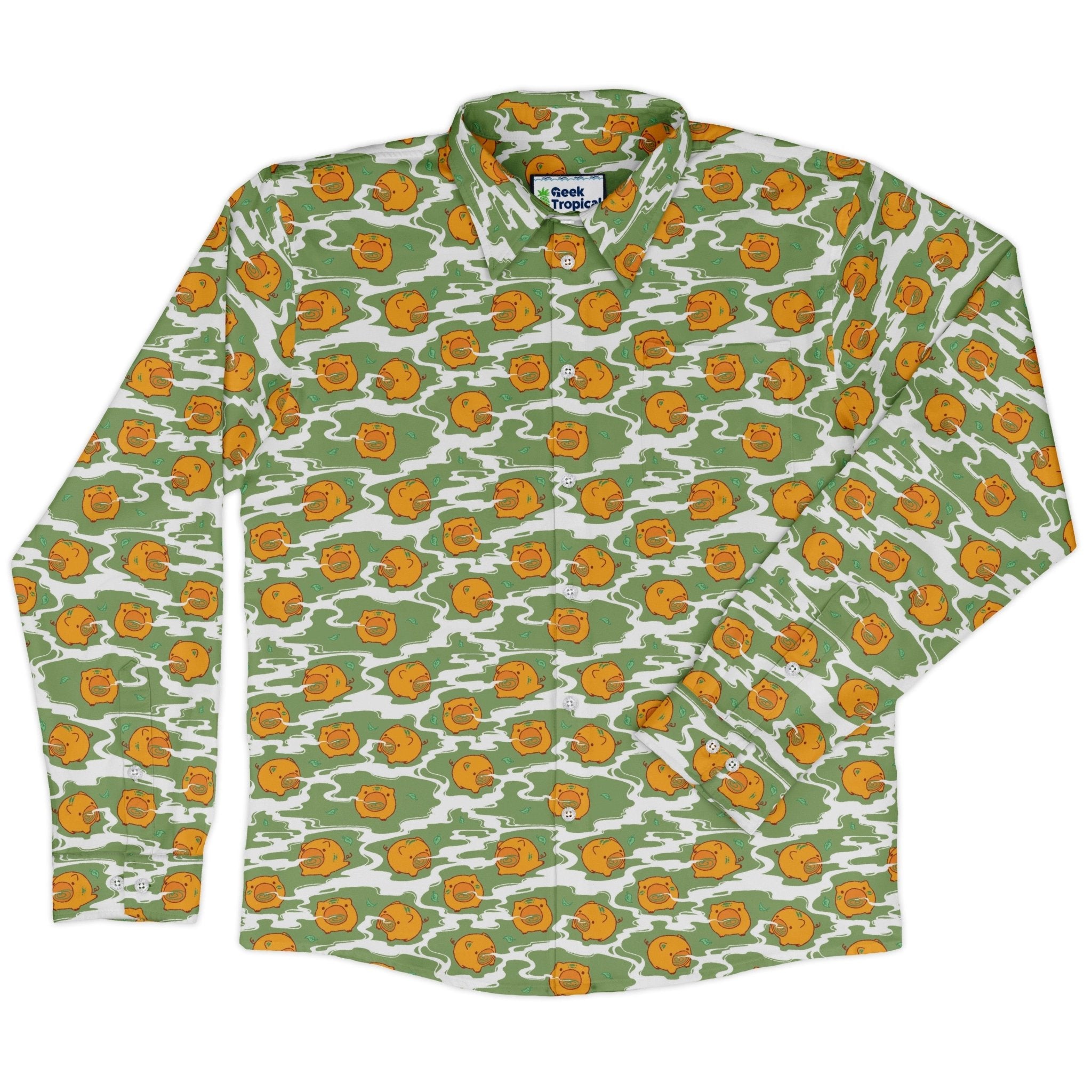 Kawaii Piglets Incense Green Long Sleeve Button Up Shirt Geek Nerd adult sizing Anime Design by Ardi Tong