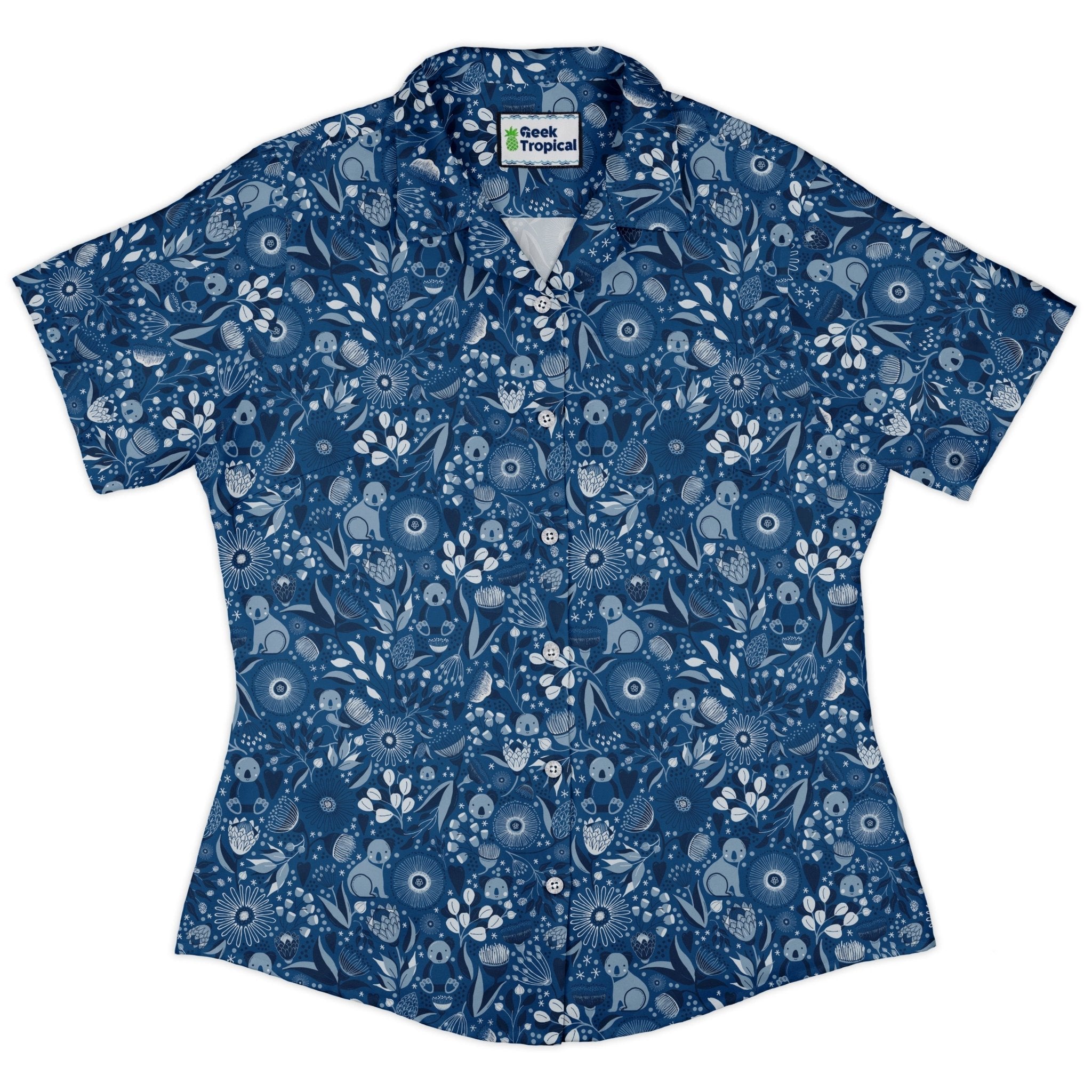 Koala Floral Curvy Button Up Shirt Geek Nerd animal patterns botany print Design by Zirkus Design