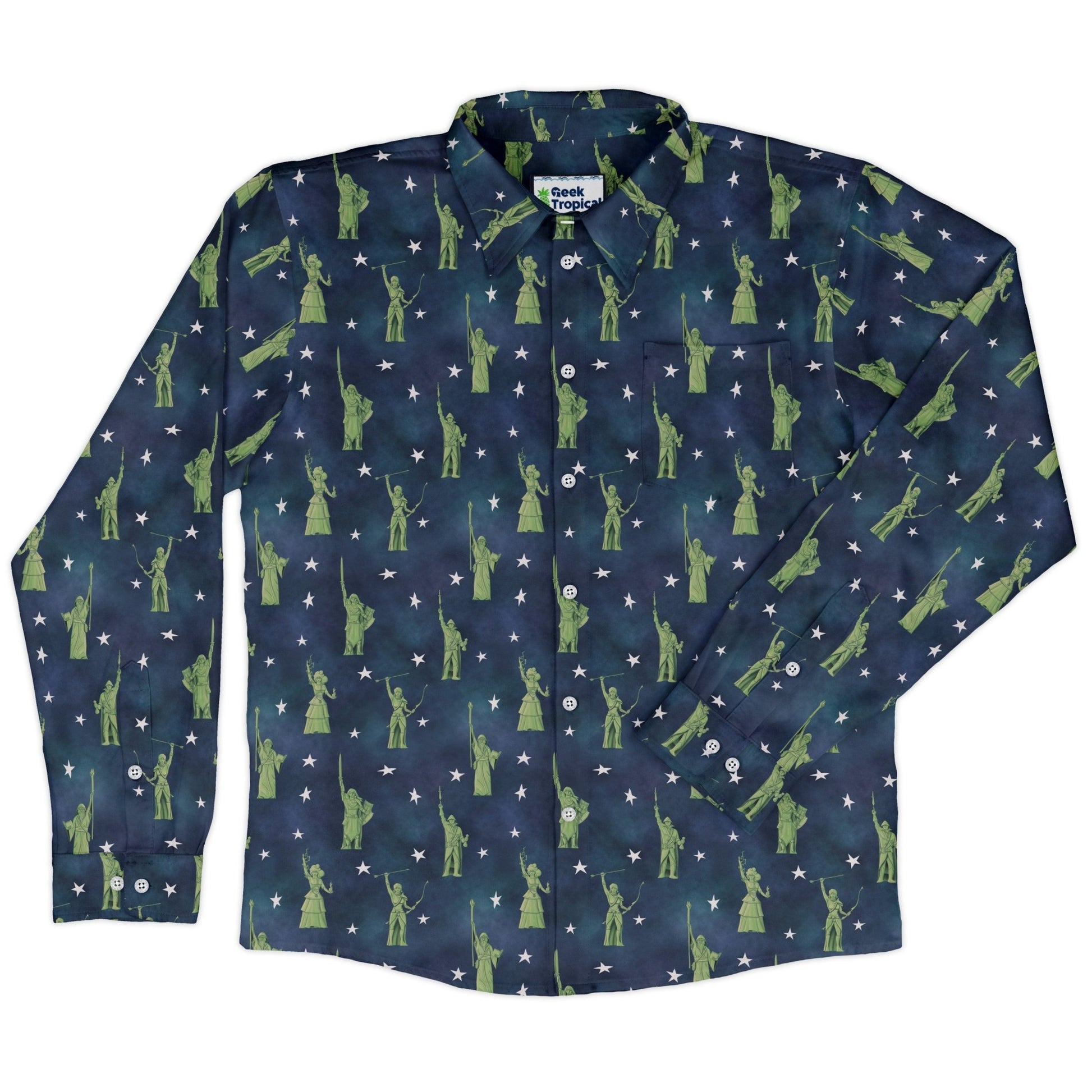 Lady Liberty Dnd Class Long Sleeve Button Up Shirt Geek Nerd adult sizing Designs by Nathan dnd & rpg print