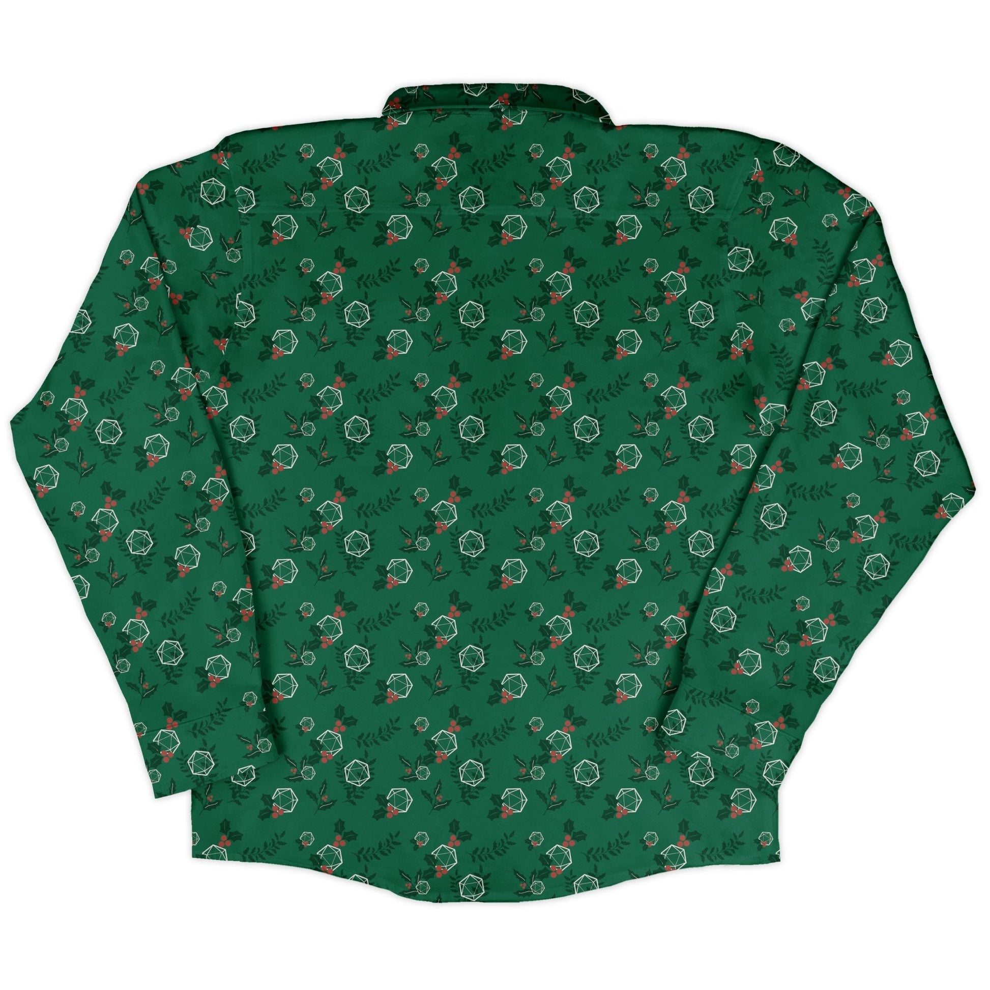 Leafy Mistletoe Dice Long Sleeve Button Up Shirt Geek Nerd adult sizing Christmas Print Design by Heather Davenport