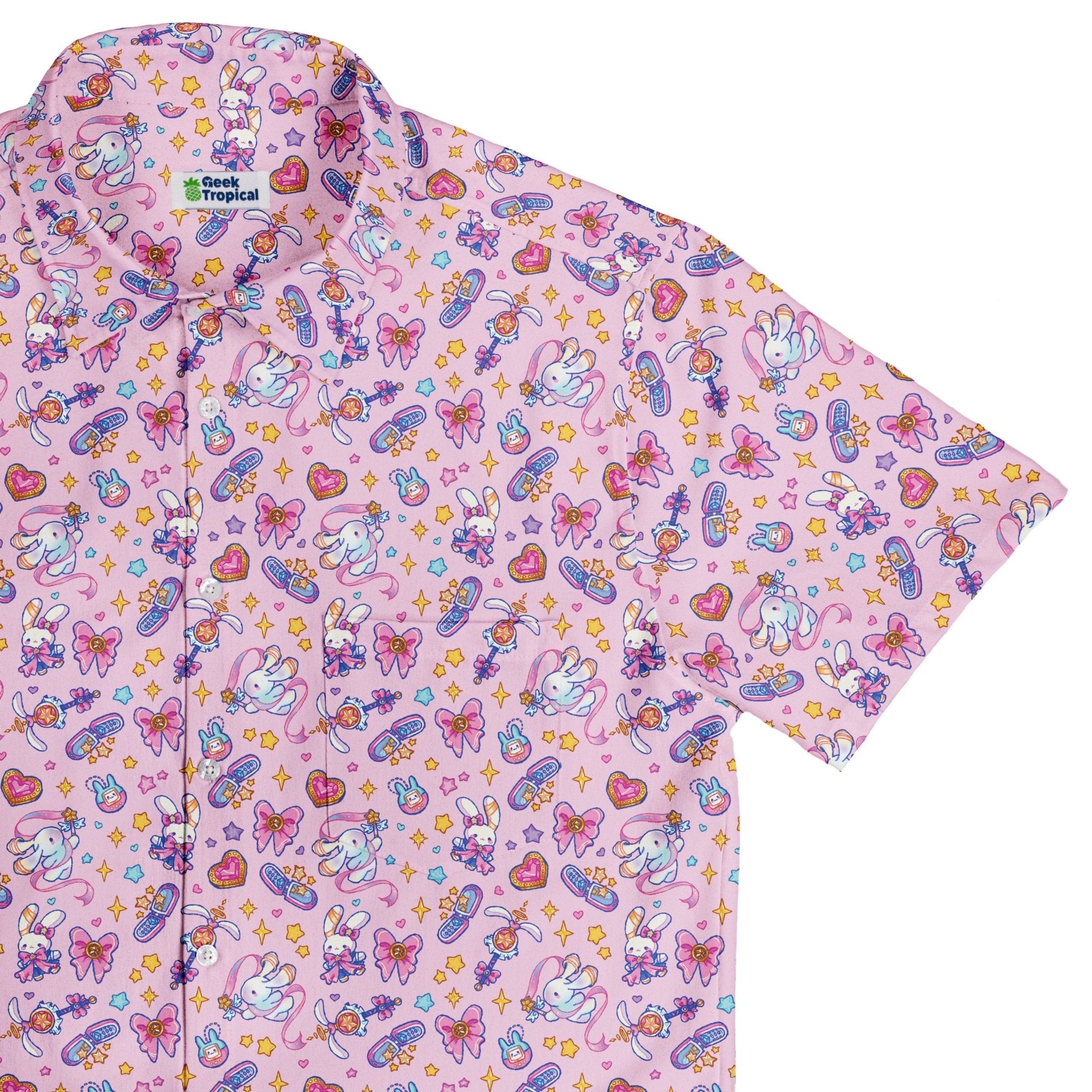 Magical Bunny Evolution Pink Button Up Shirt Geek Nerd adult sizing animal patterns anime