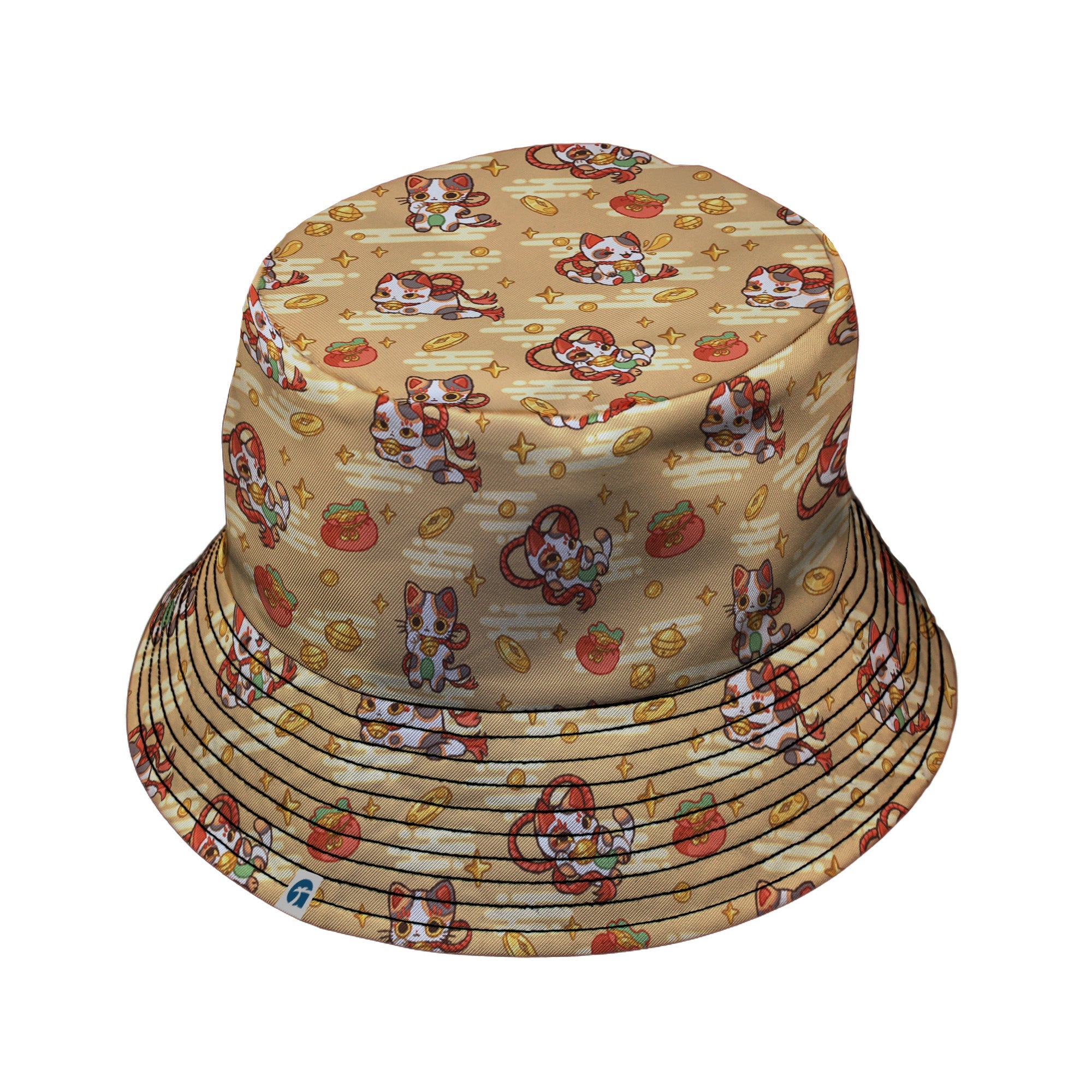 Maneki Cat Gold Bucket Hat Geek Nerd animal patterns anime Design by Ardi Tong