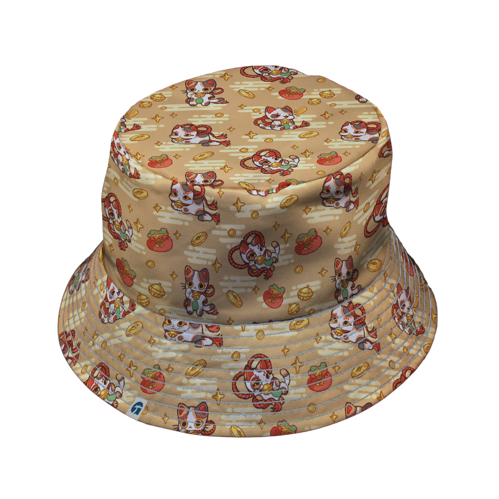 Maneki Cat Gold Bucket Hat Geek Nerd animal patterns anime Design by Ardi Tong
