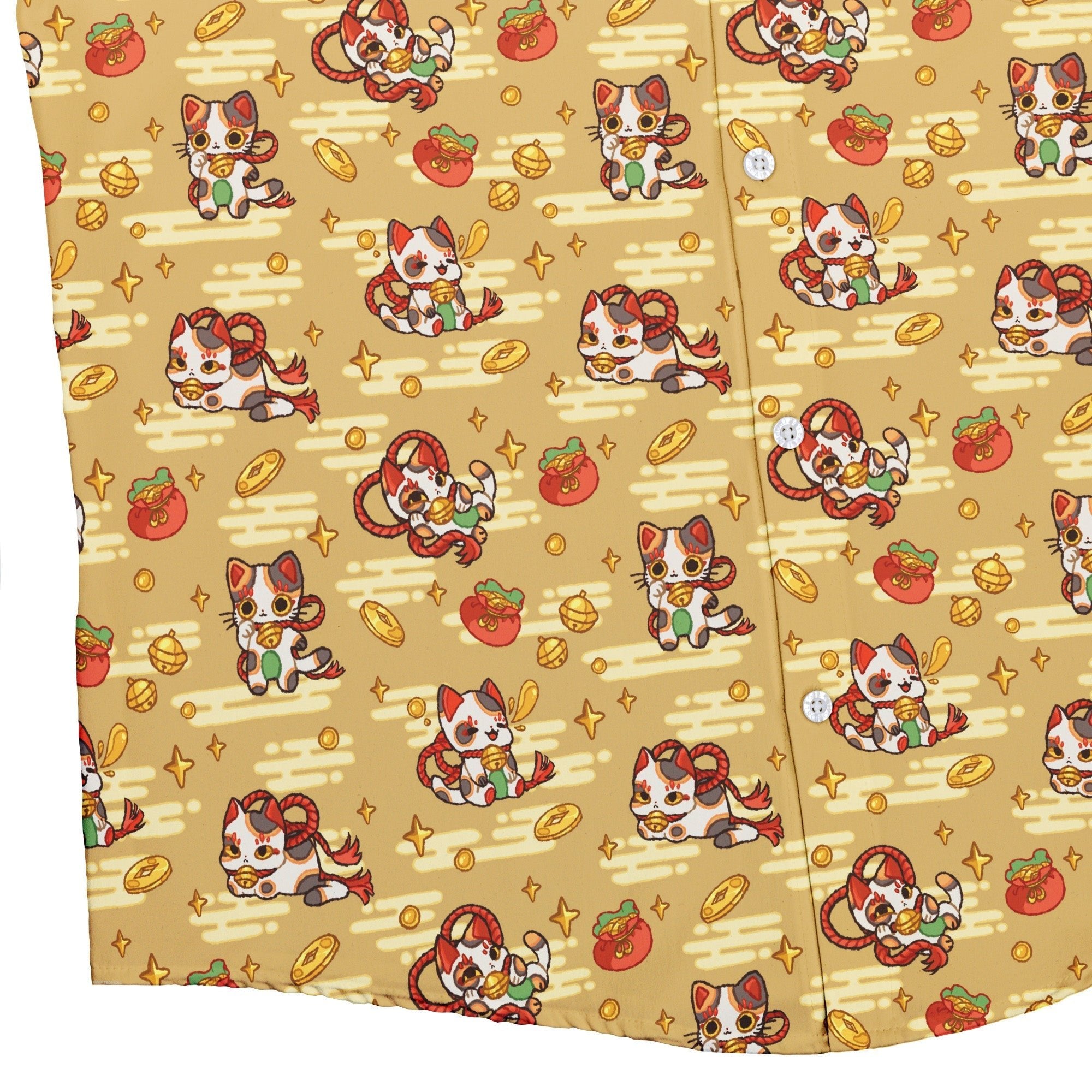 Maneki Cat Gold Button Up Shirt Geek Nerd adult sizing animal patterns anime