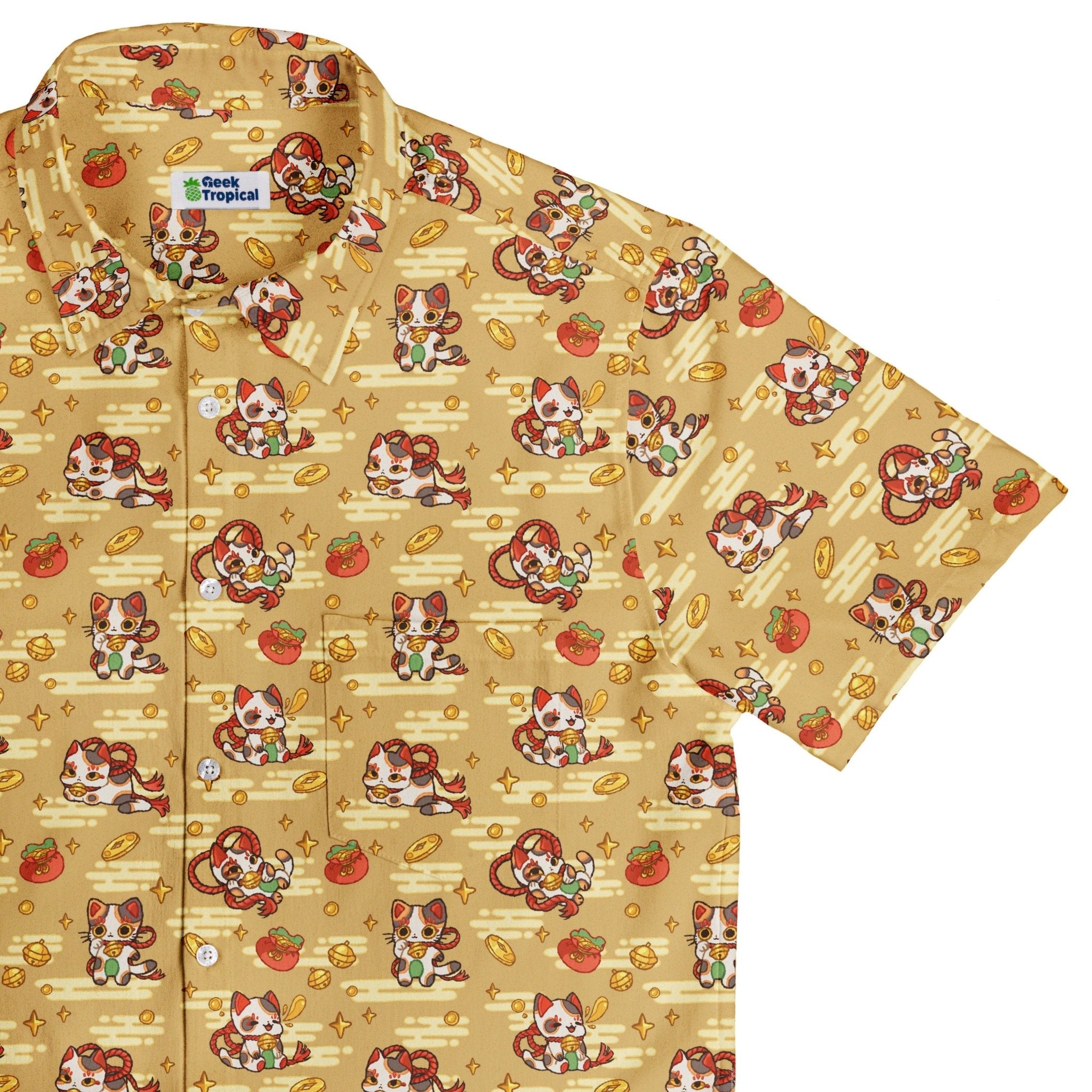 Maneki Cat Gold Button Up Shirt Geek Nerd adult sizing animal patterns anime