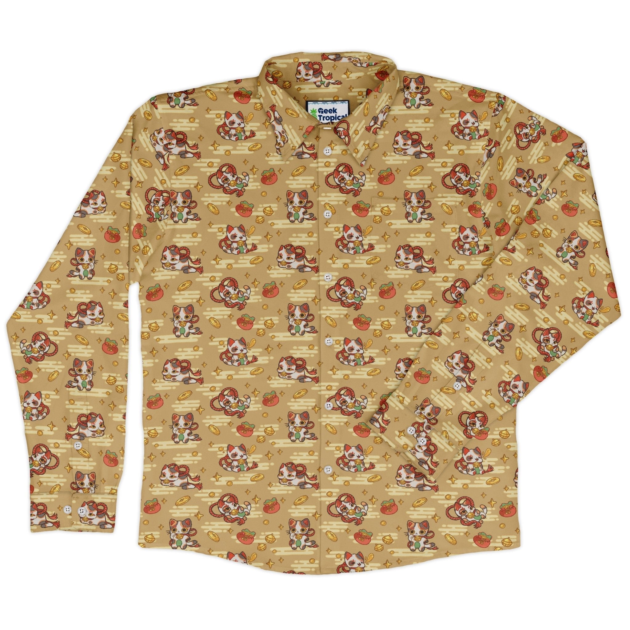 Maneki Cat Gold Long Sleeve Button Up Shirt Geek Nerd adult sizing animal patterns anime
