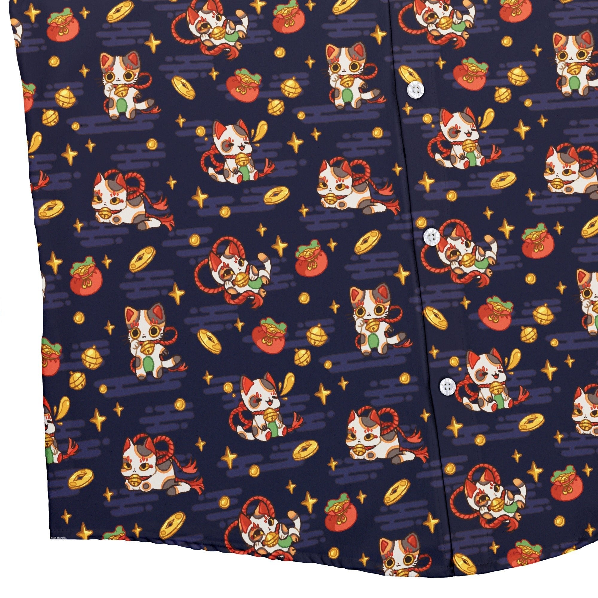 Maneki Cat Navy Button Up Shirt Geek Nerd adult sizing animal patterns anime