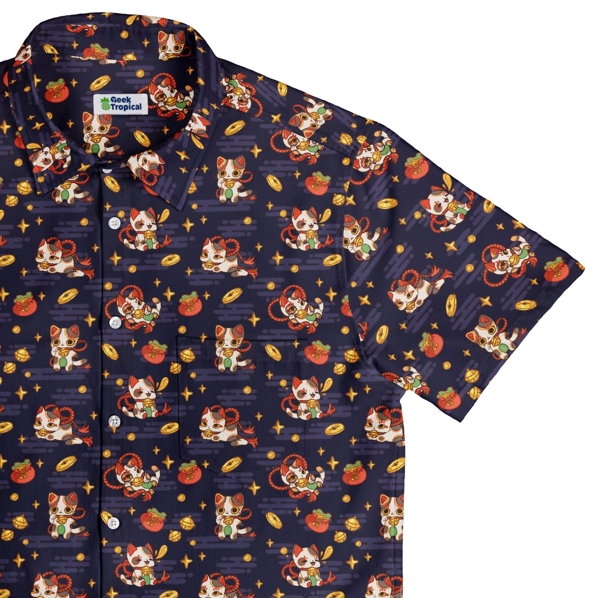 Maneki Cat Navy Button Up Shirt Geek Nerd adult sizing animal patterns anime