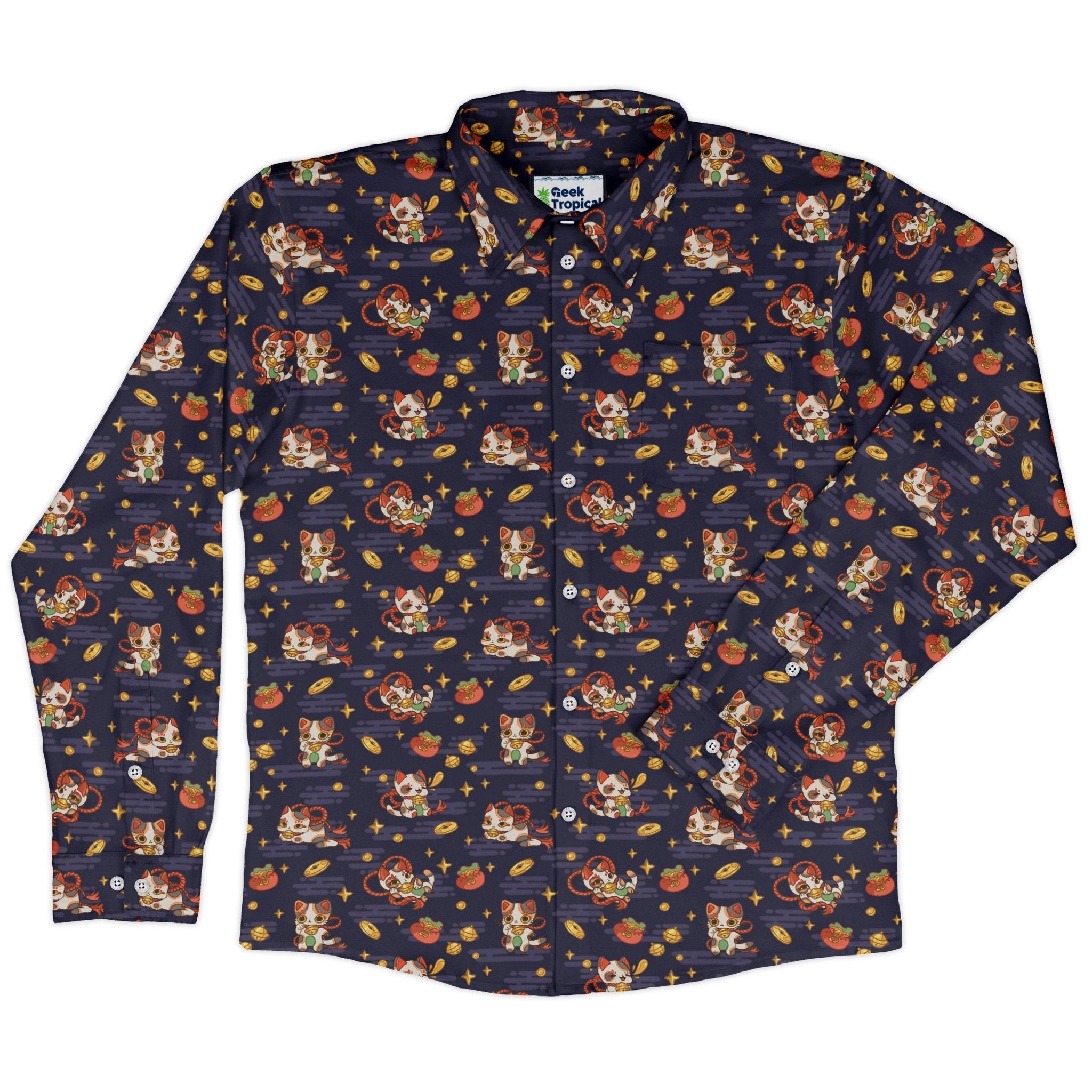 Maneki Cat Navy Long Sleeve Button Up Shirt Geek Nerd adult sizing animal patterns anime