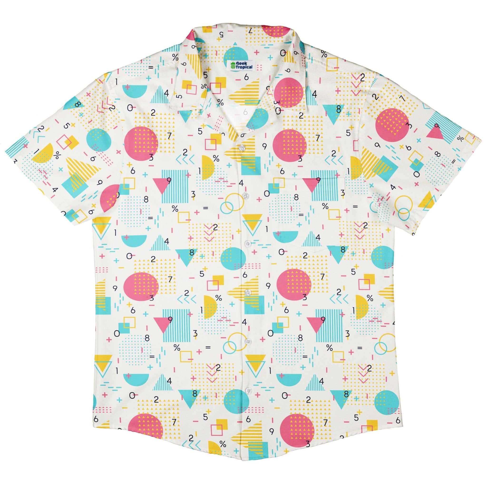 Math Memphis Style White Button Up Shirt - adult sizing - mathematics print - Maximalist Patterns