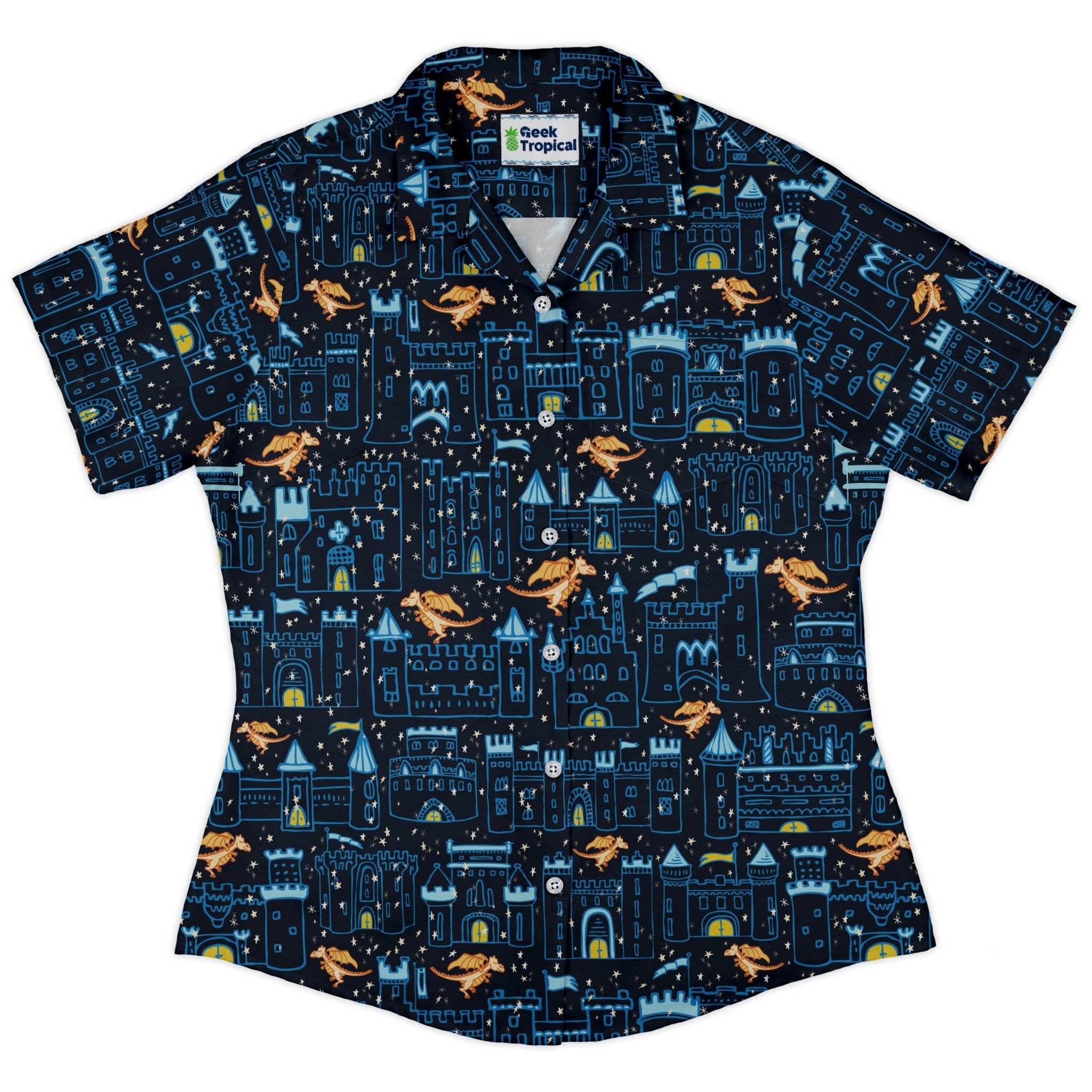 Medieval City Dragon Curvy Button Up Shirt Geek Nerd Design by Zirkus Design fantasy prints q225