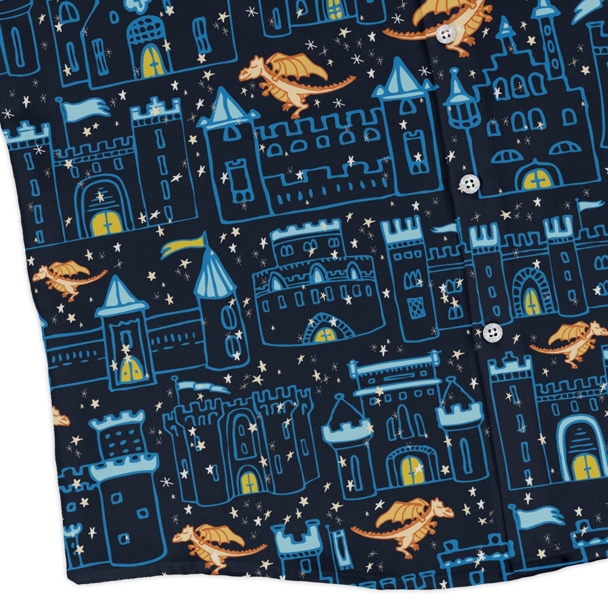Medieval City Dragon Long Sleeve Button Up Shirt Geek Nerd adult sizing Design by Zirkus Design fantasy prints