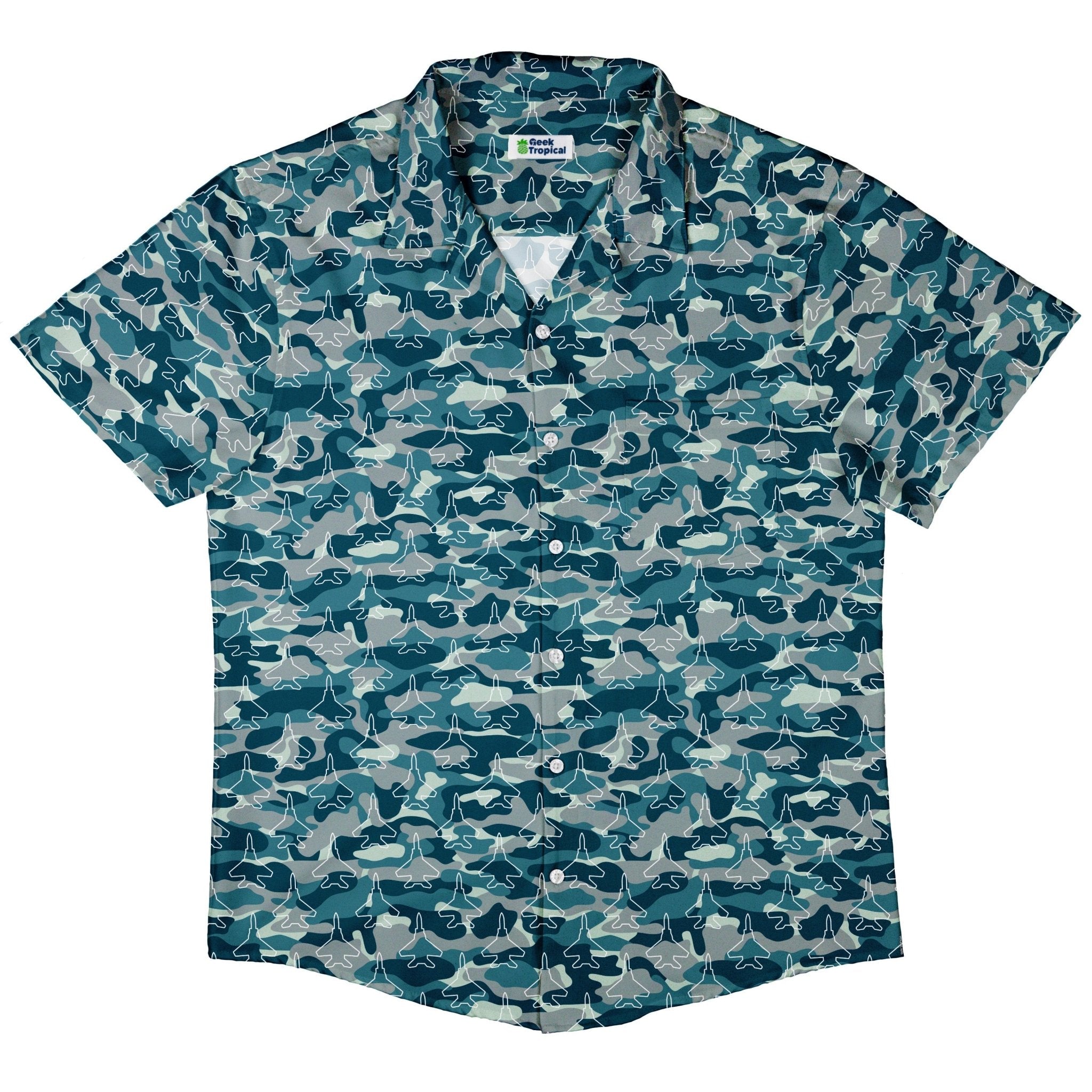 Military Fighter Jet Navy Camo Blue Button Up Shirt - adult sizing - aviation print -