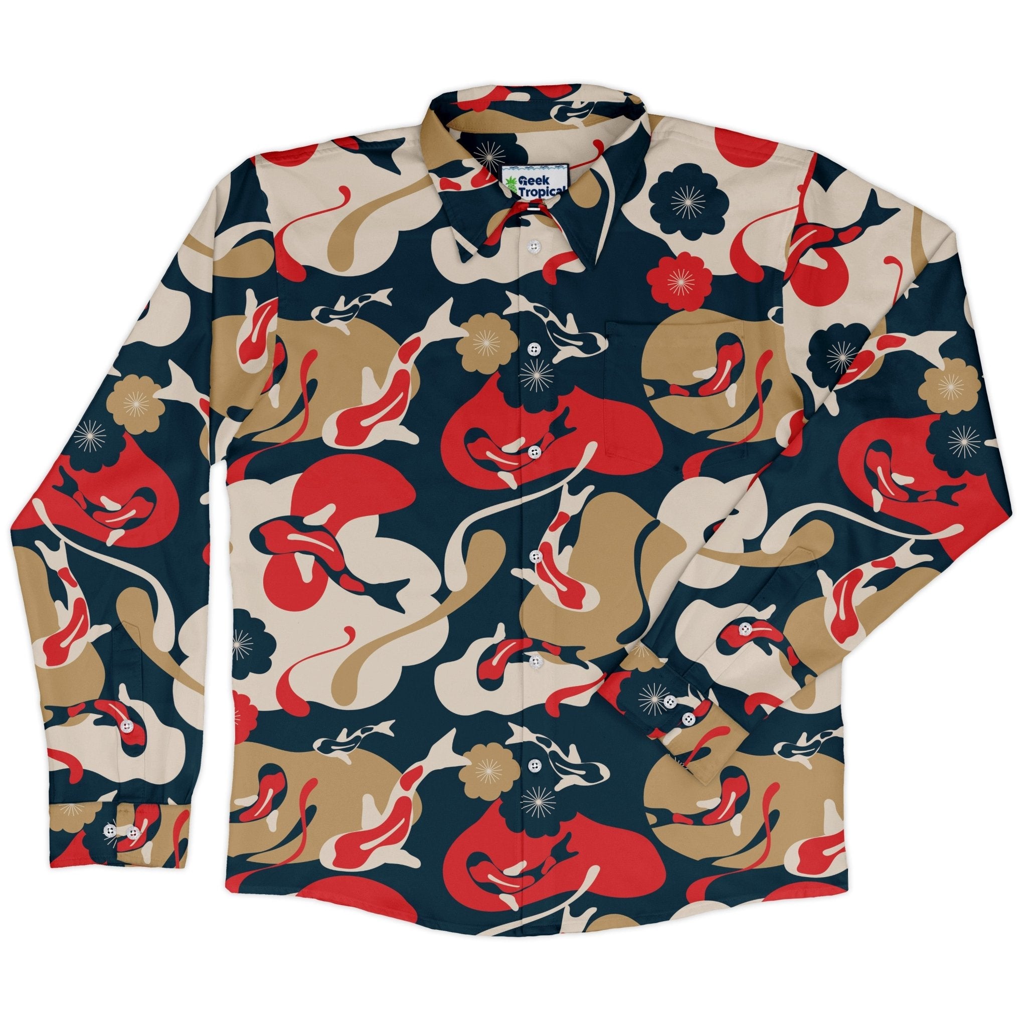 Modern Koi Long Sleeve Button Up Shirt Geek Nerd adult sizing Anime Design by Claire Murphy