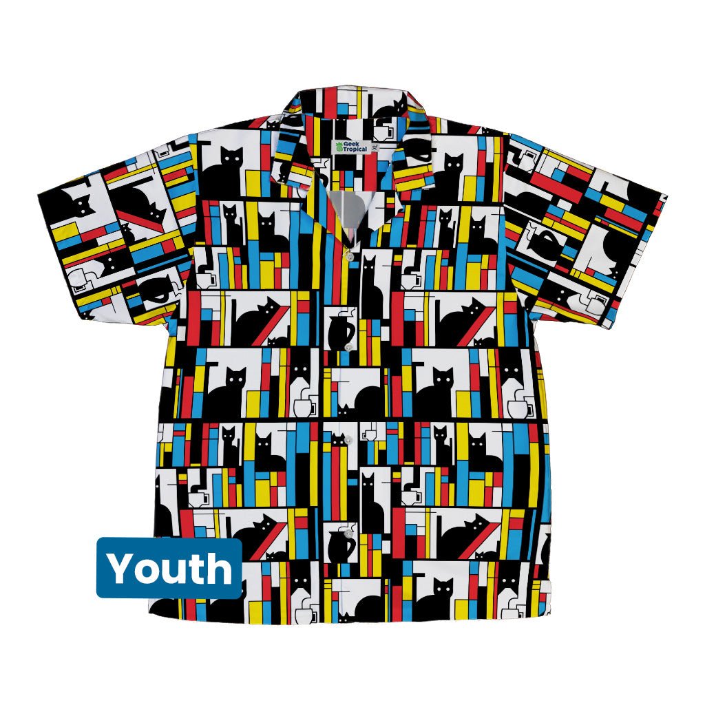 Mondrian Cat Library Youth Hawaiian Shirt - Animal Patterns - Book Prints - Design by Tobe Fonseca