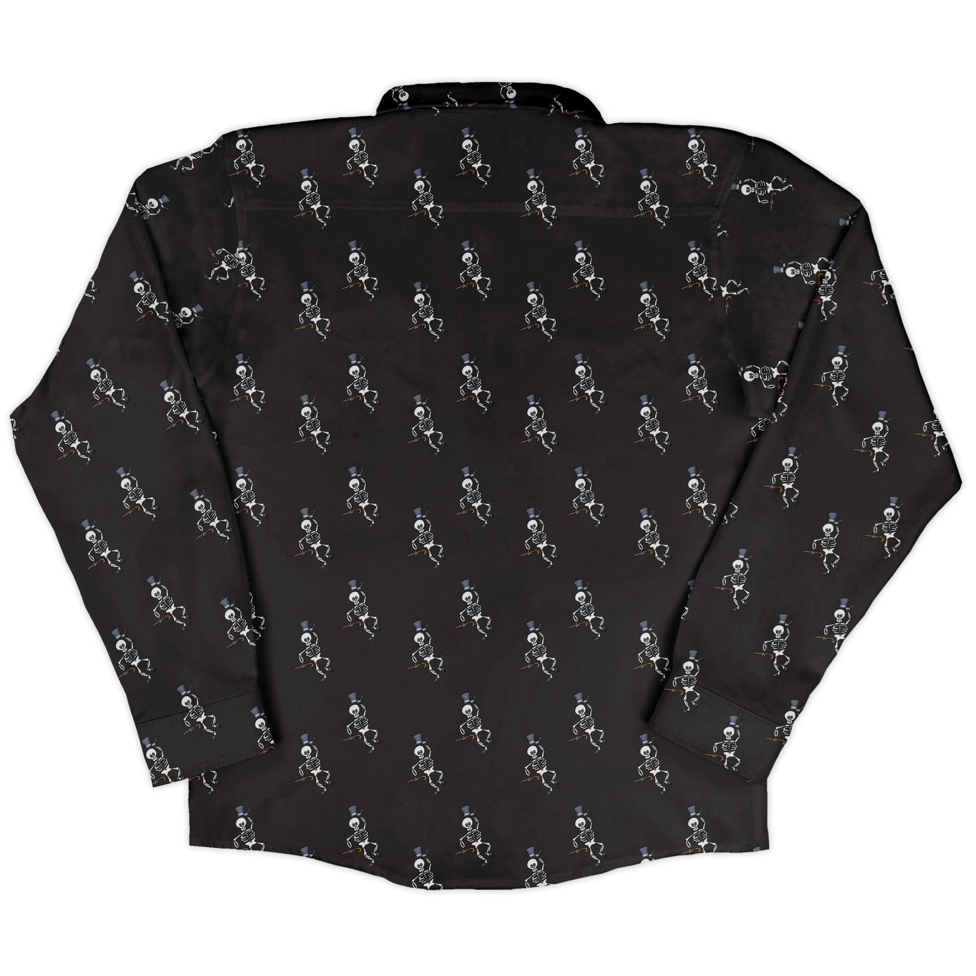 Munchkin Mr. Bones Plain Black Long Sleeve Button Up Shirt Geek Nerd board game print Design by Heather Davenport FLOW DESC WRITING