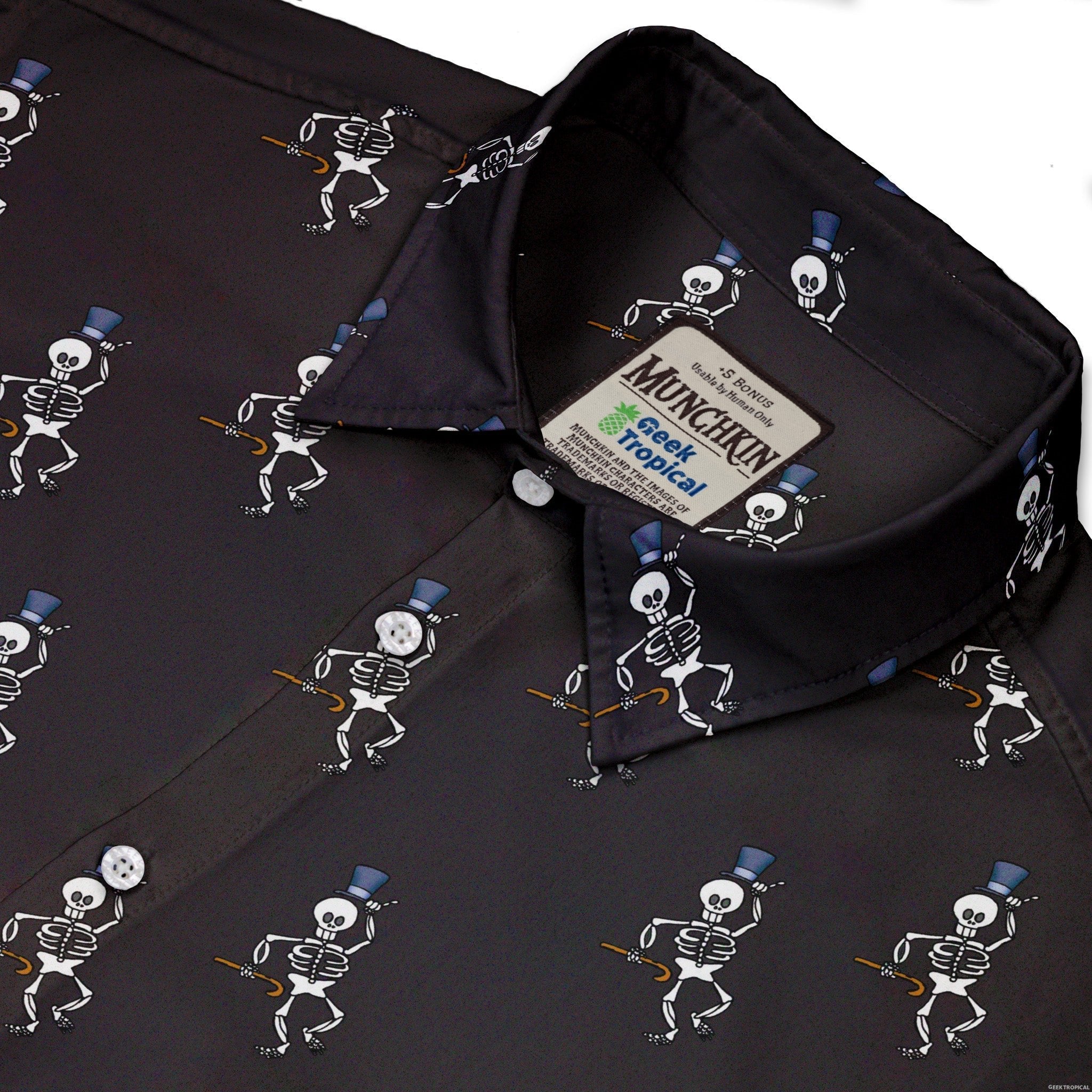 Munchkin Mr. Bones Plain Black Button Up Shirt - board game print - Design by Heather Davenport - Munchkin print