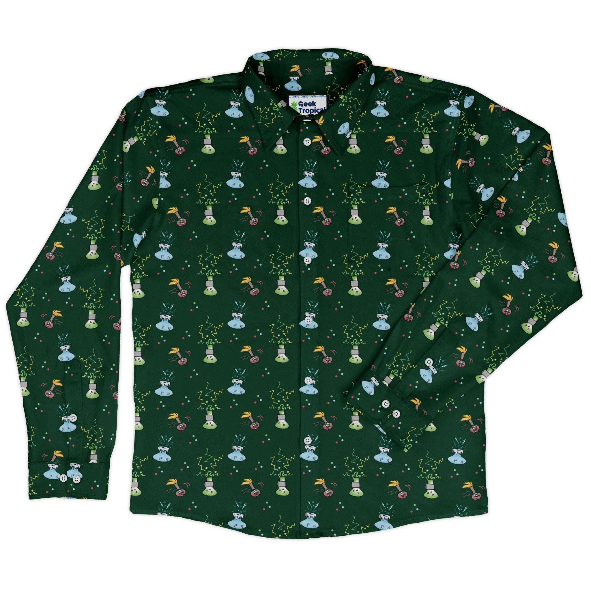 Munchkin Potions Long Sleeve Button Up Shirt Geek Nerd board game print Design by Heather Davenport FLOW DESC WRITING