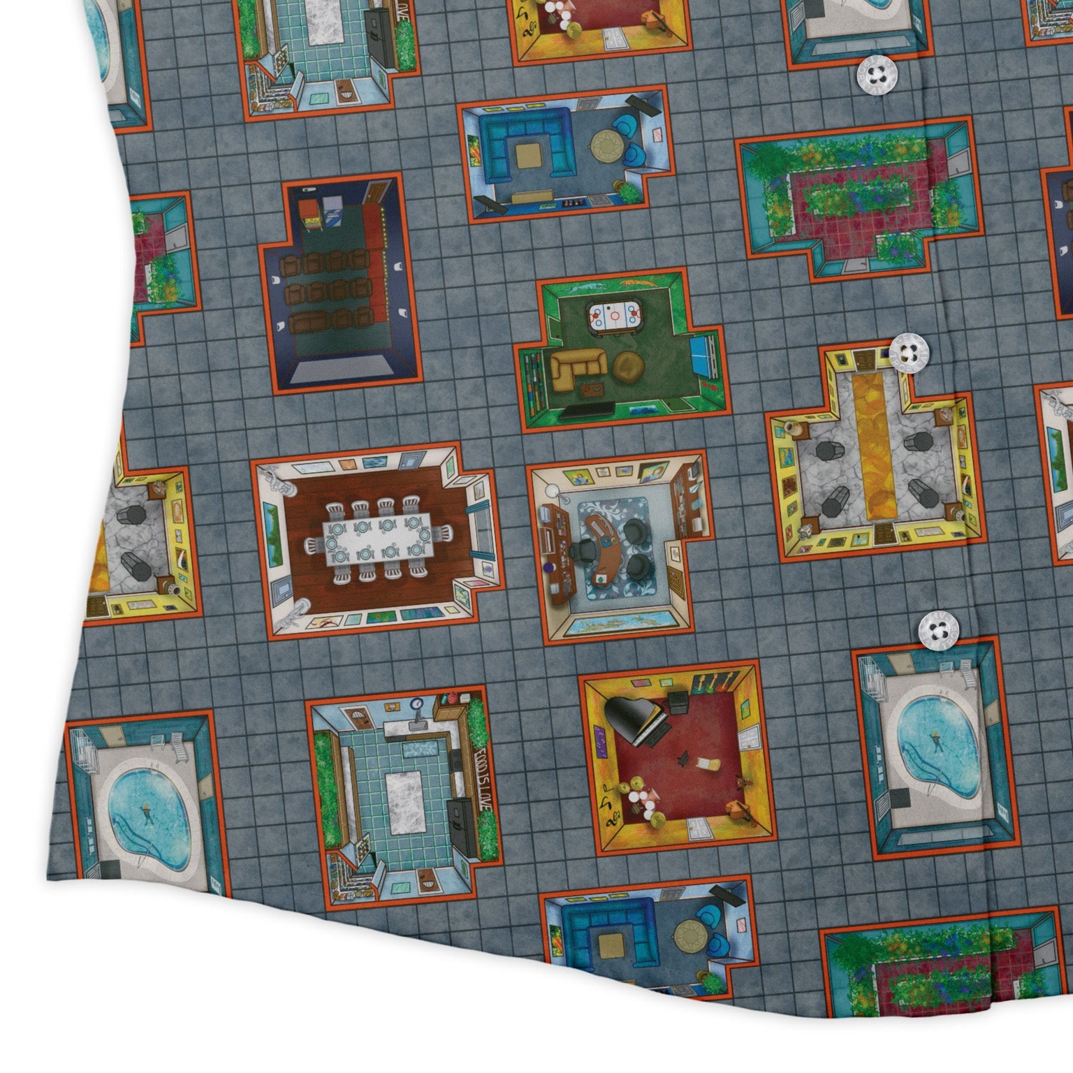 Murder Mystery Board Game Curvy Button Up Shirt Geek Nerd board game print Designs by Nathan women